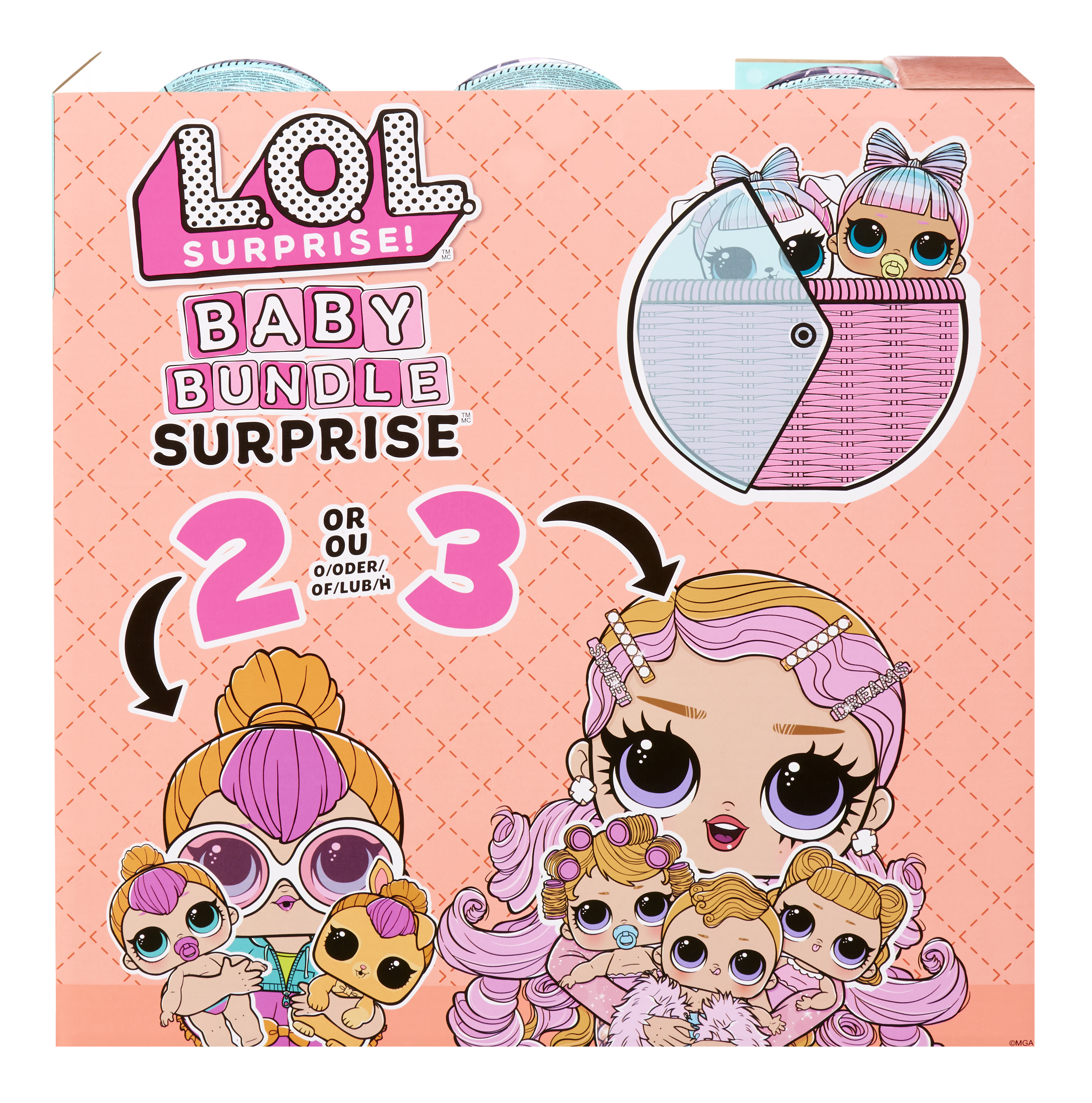 Pudełko LOL Surprise Baby Bundle. Zawiera laleczki, różowe akcenty i markę produktu. Tekst brzmi 'Baby Bundle Surprise'.