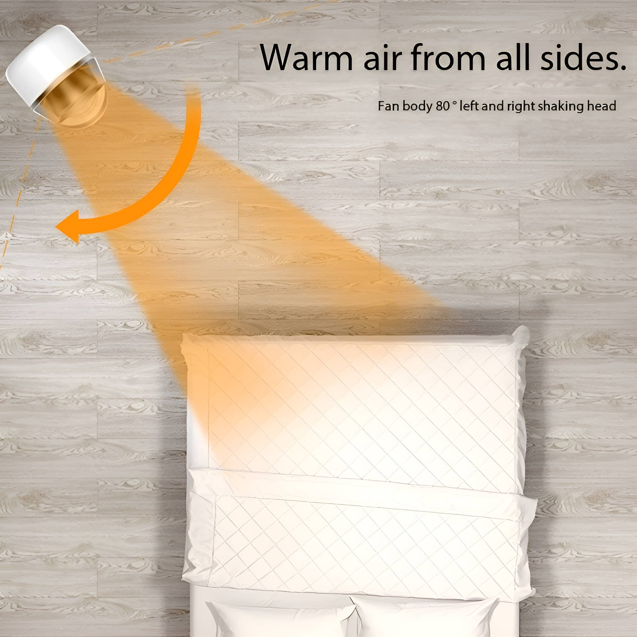 Ein weißer Heizlüfter mit orangefarbenem Luftstrom auf einem Holzboden neben einem Bett.