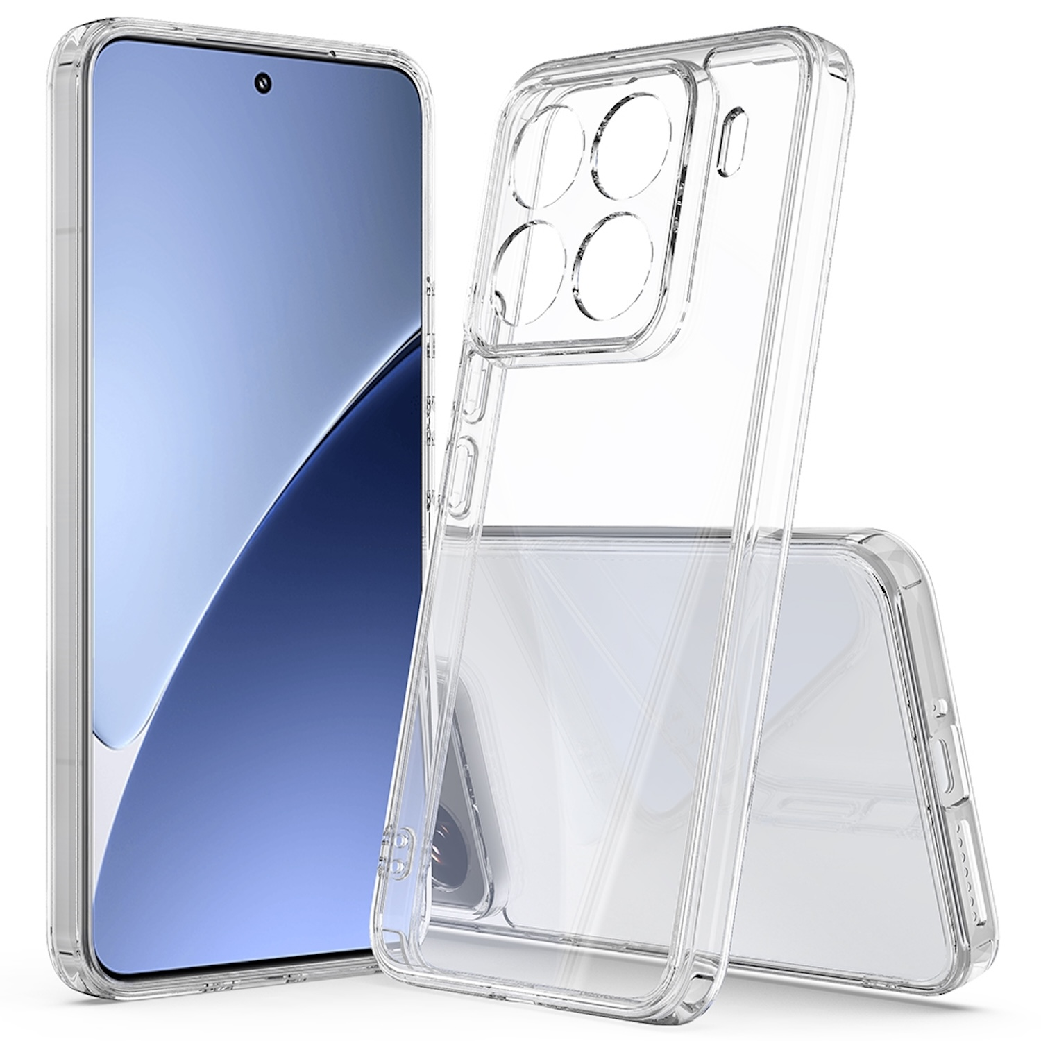 Smartphone mit klarer Hülle. Das Telefon ist neben der Hülle. Weißer Hintergrund.