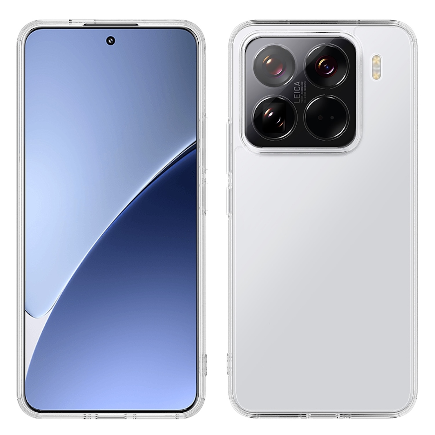Telefon mit durchsichtiger Hülle. Die Rückseite zeigt drei Kameras und ein Leica-Logo.