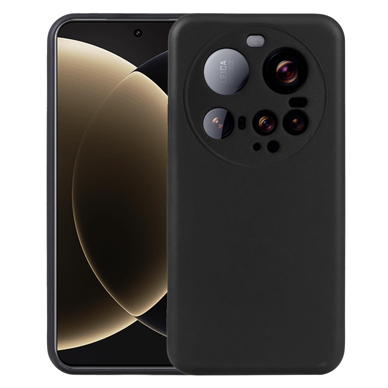 Schwarzes Telefon mit schwarzem Gehäuse. Gehäuse hat Leica-Branding und mehrere Kameralinsen. Bildschirm sichtbar.