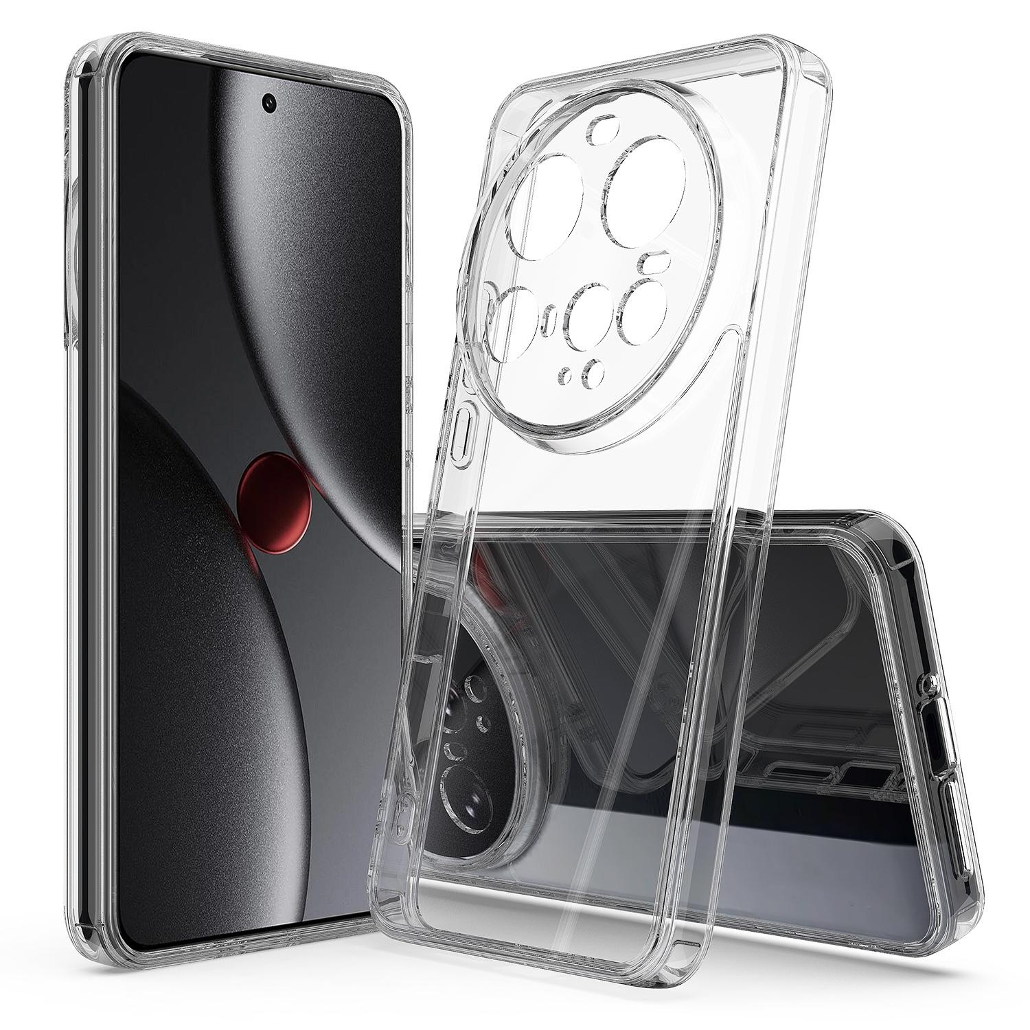 Drei transparente Handyhüllen: eine auf einem Telefon, zwei leere Hüllen.