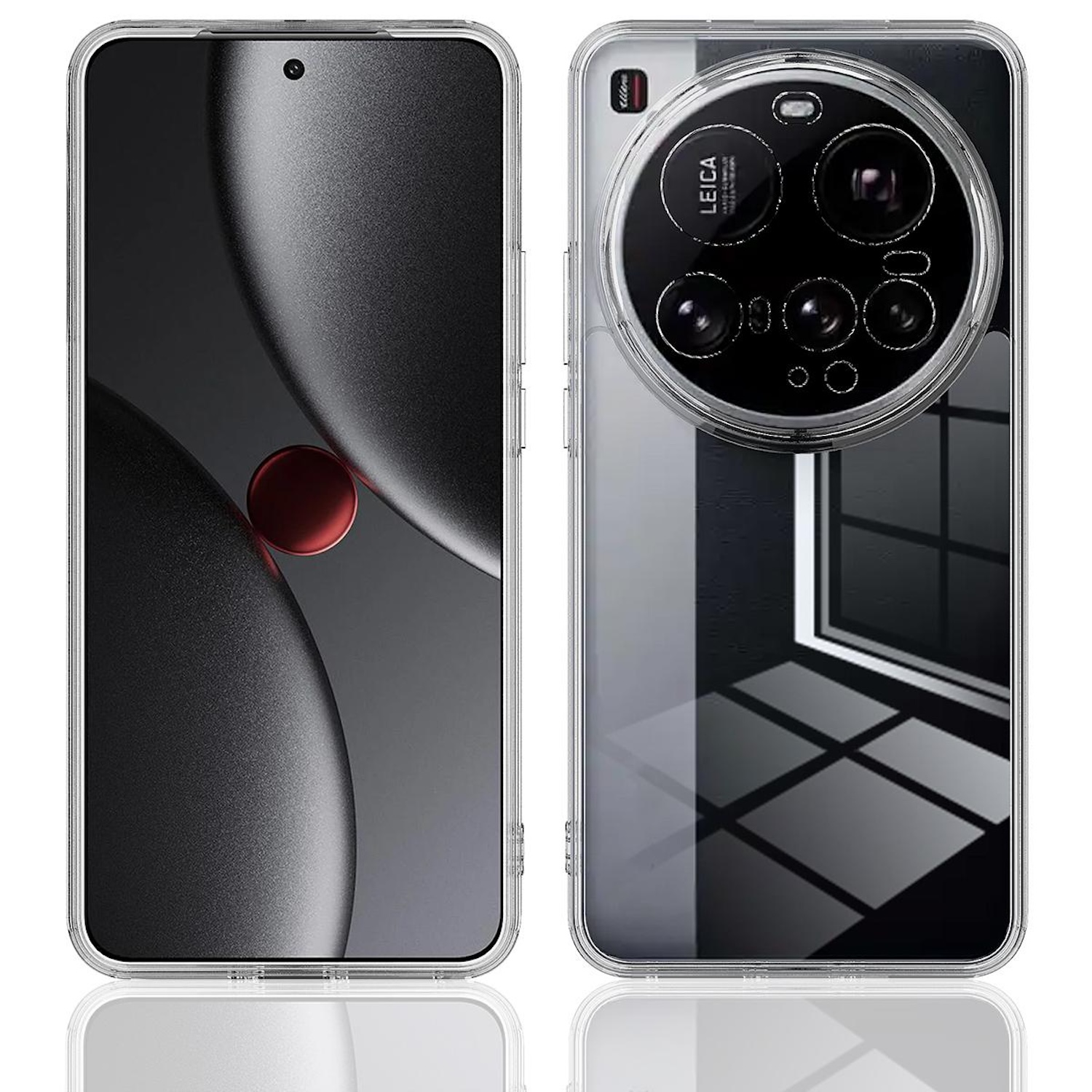 Zwei Smartphones, eine Vorder- und eine Rückansicht. Die Rückseite zeigt einen großen Kamera-Buckel mit dem Leica-Logo.