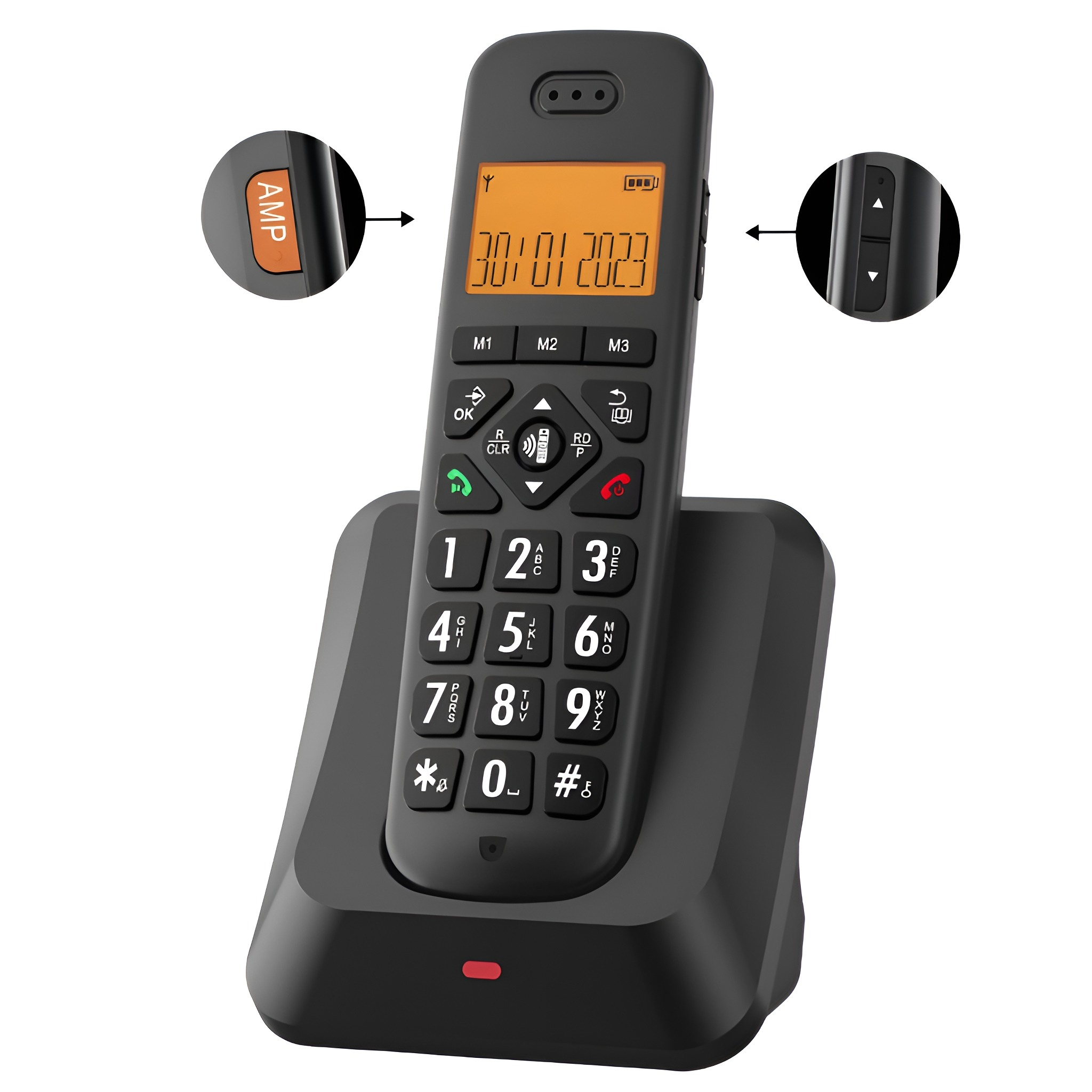Schwarzes schnurloses Telefon mit Basis. Das Telefon zeigt das Datum an. Tasten umfassen Nummern und Anrufsteuerungen.