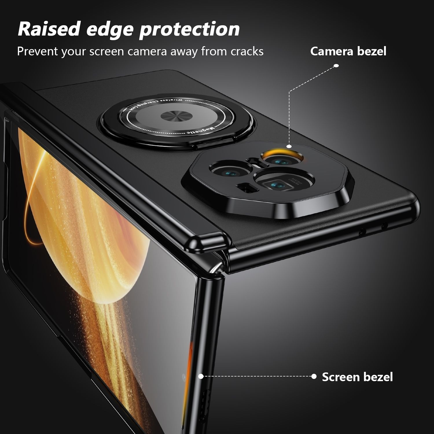 Eine schwarze Handyhülle mit Kameraausschnitt. Die Hülle hat erhöhte Kanten und einen Magnetring auf der Rückseite.