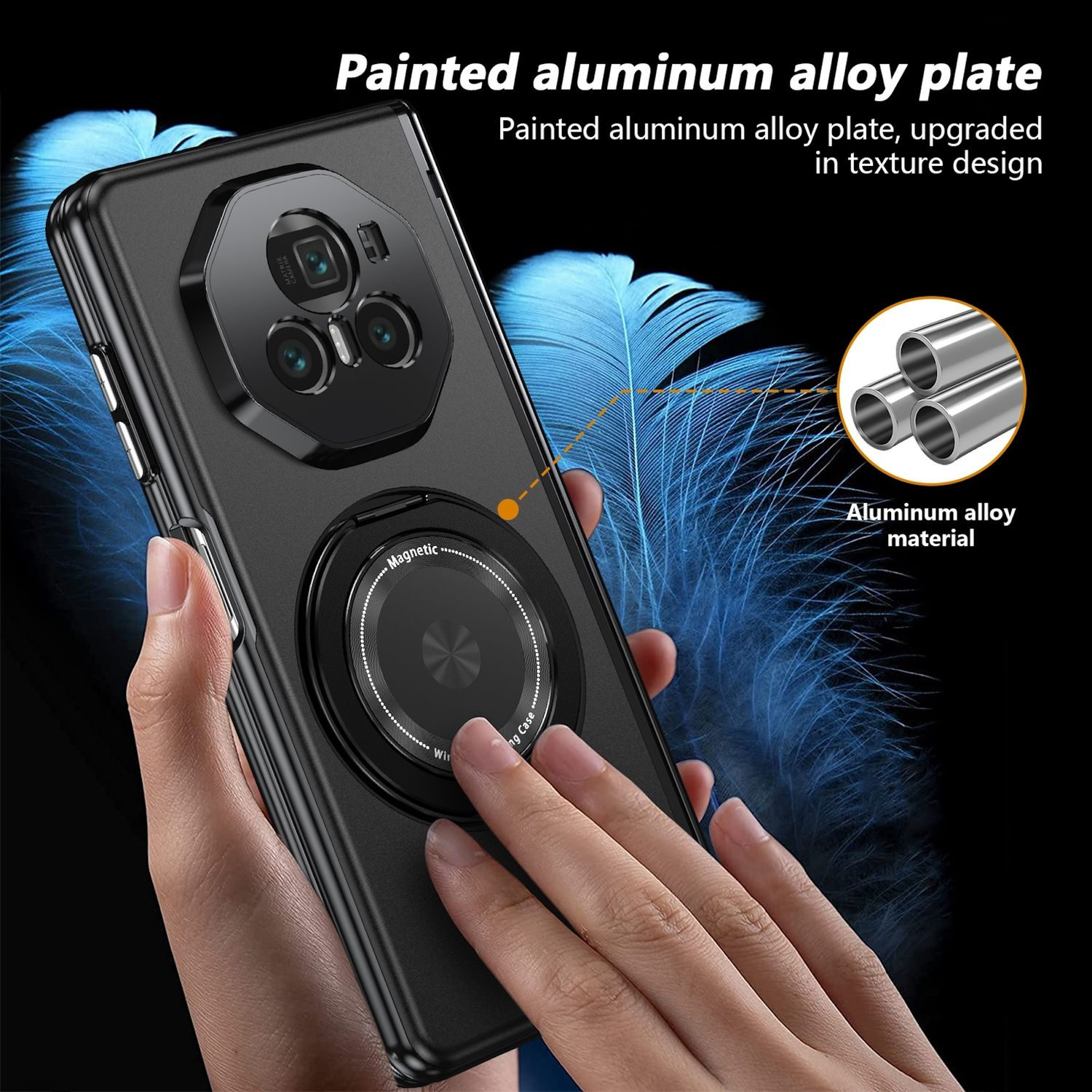Smartphone-Hülle mit Magnetring und Kameradesign. Details des Telefons und der Hülle sind sichtbar.