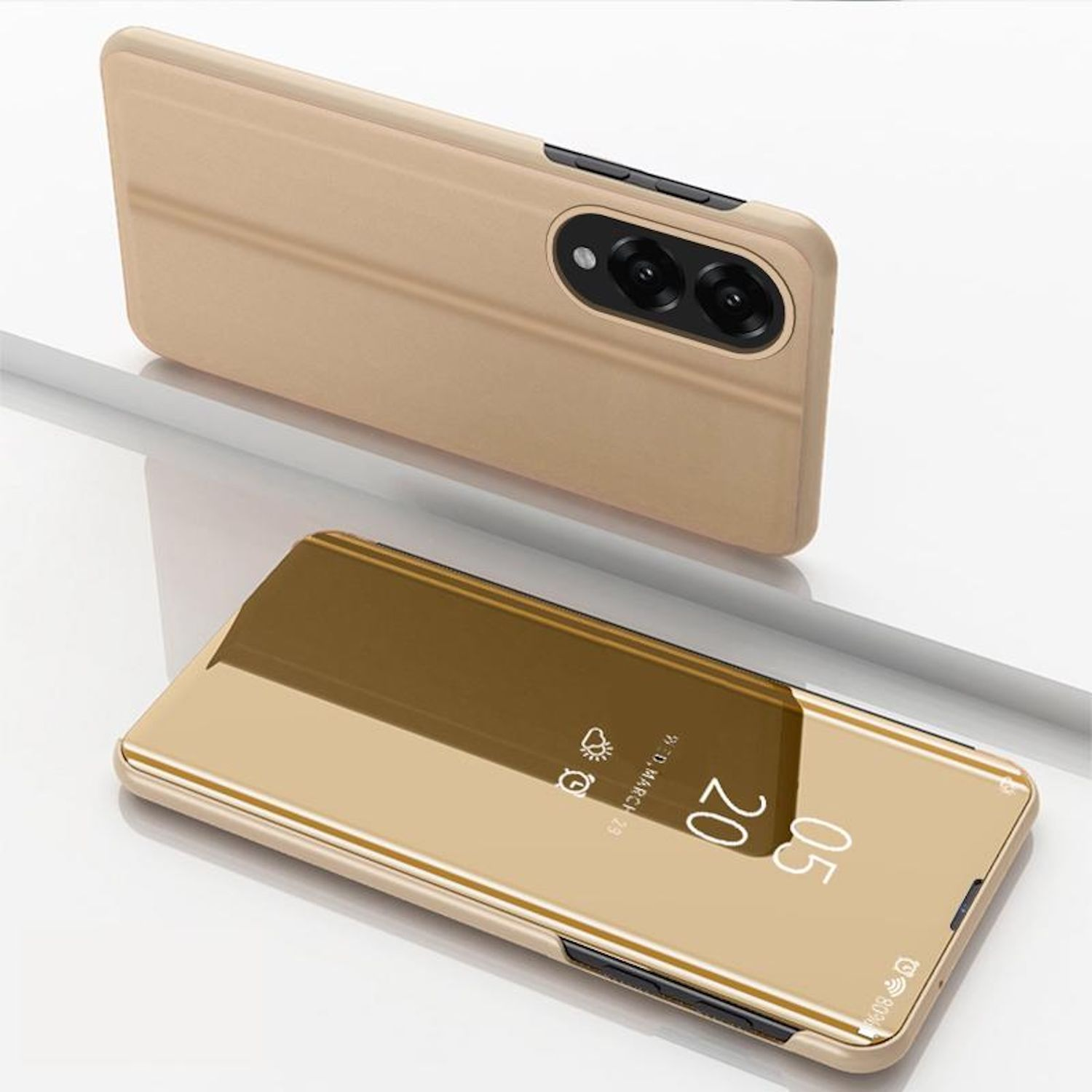 Goldene Handyhülle, geschlossen und offen, zeigt ein Telefon mit goldfarbenem Spiegelbildschirm.