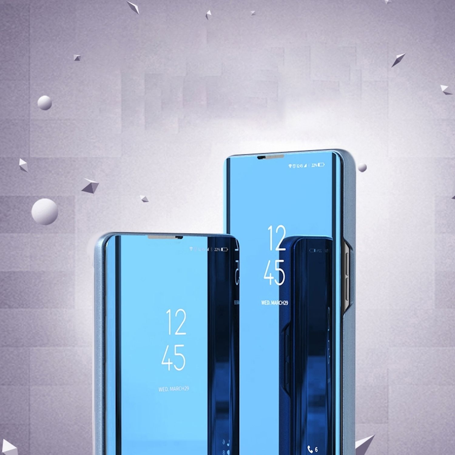 Drei blaue Smartphone-Hüllen, die die Uhrzeit 12:45 auf dem Bildschirm reflektieren.