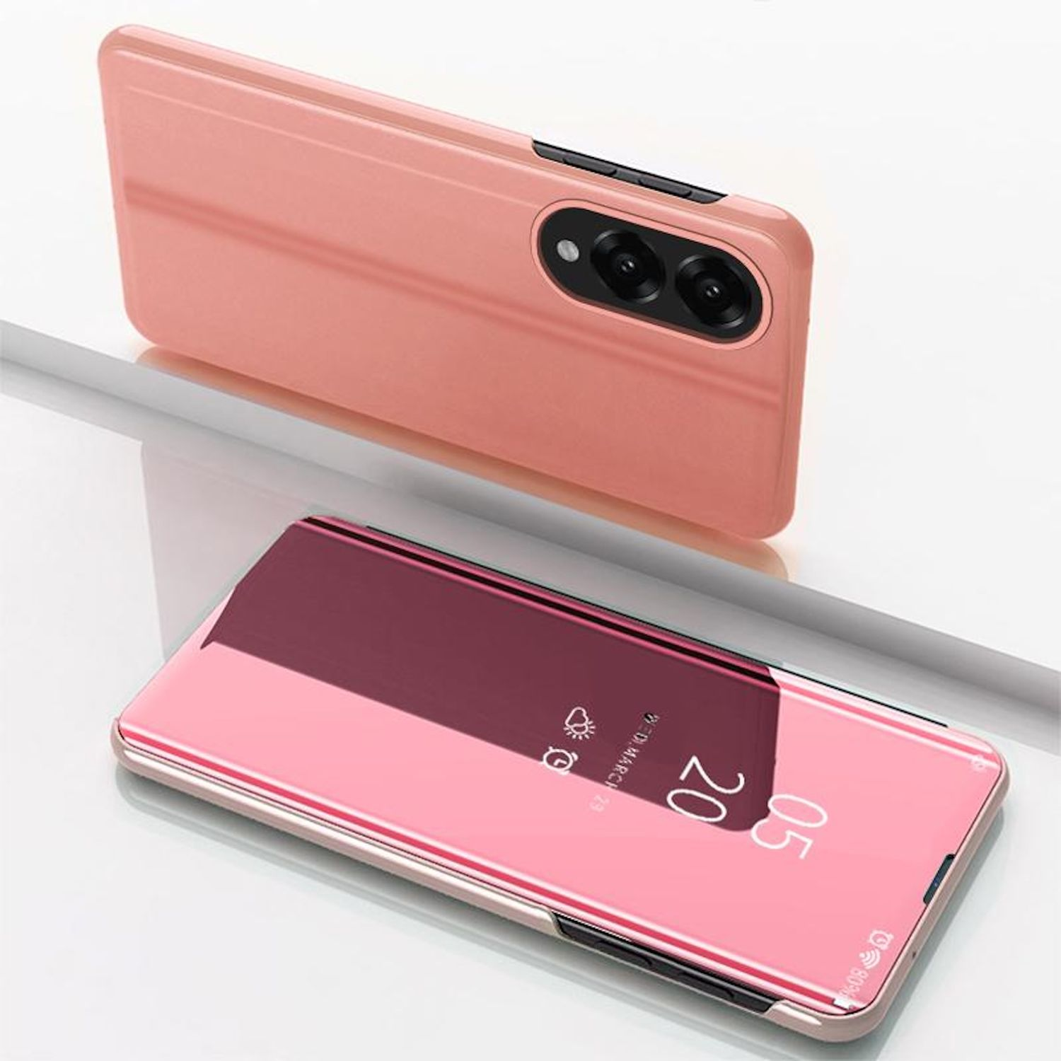 Rosa Handyhülle, mit dem Telefon darin und eine weitere darüber, mit Spiegeleffekt.