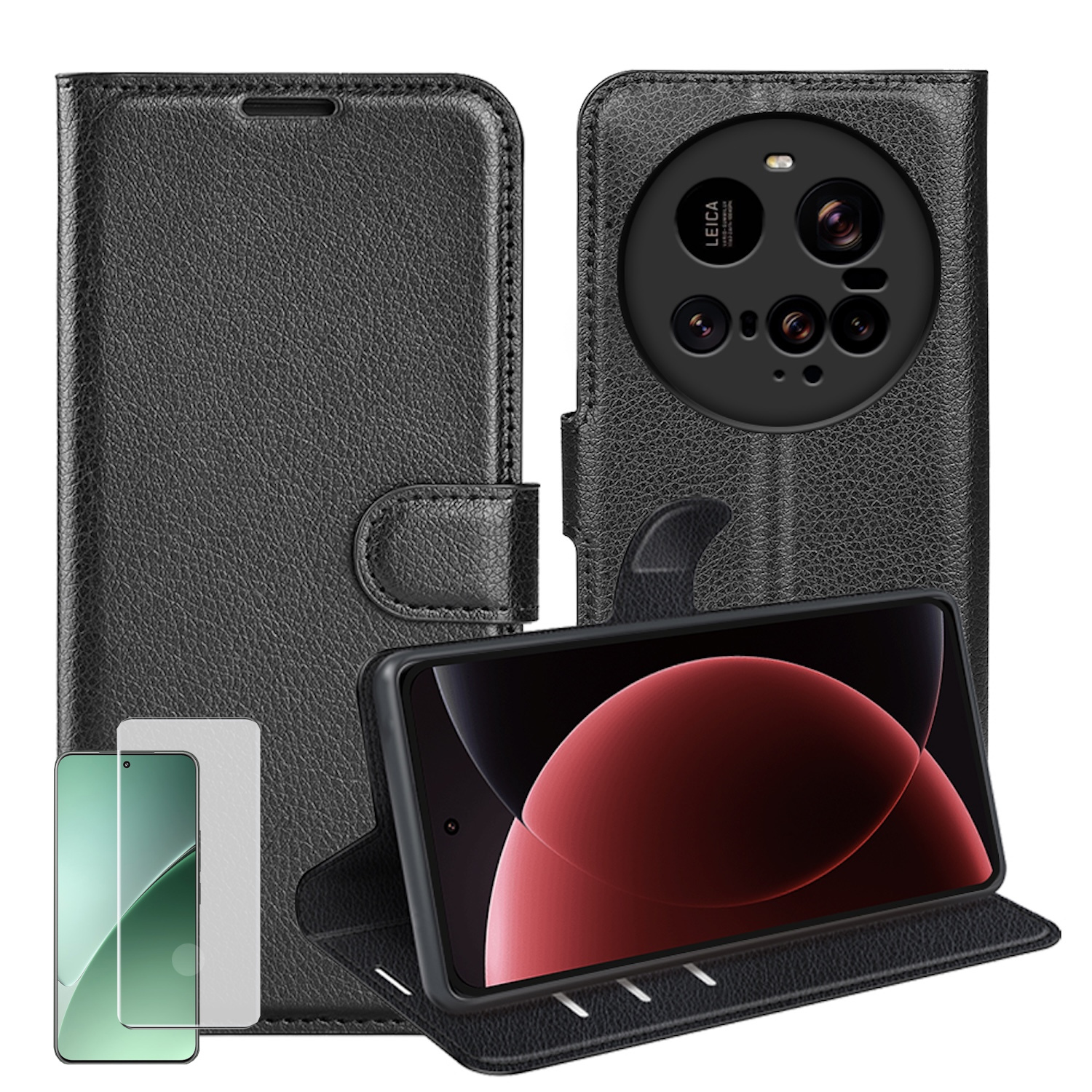 Schwarze Leder-Handyhülle mit Telefon, Displayschutzfolie und Kameramodul auf der Rückseite.