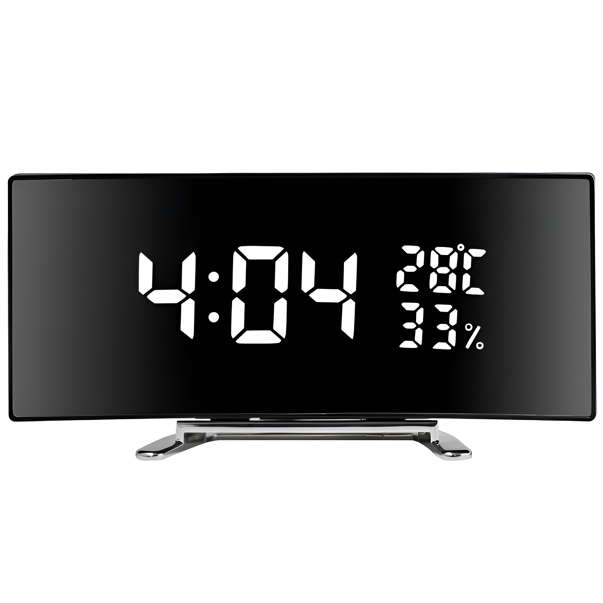 Schwarze Digitaluhr mit 4:04, 28 Grad Celsius und 33 % Luftfeuchtigkeit. Der Hintergrund ist weiß.