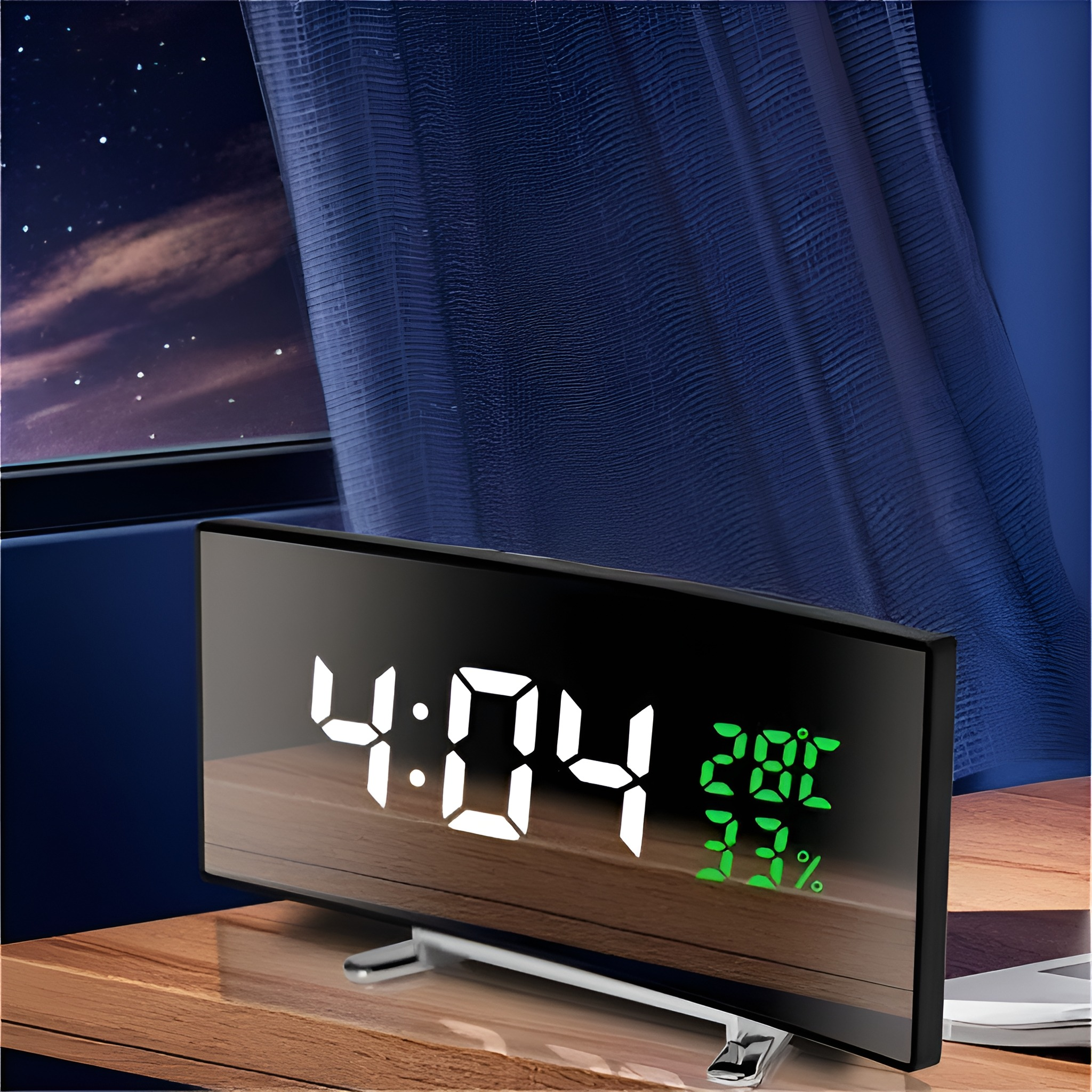 Schwarze Digitaluhr zeigt Zeit und Temperatur an. Der Hintergrund zeigt Nachthimmel und Vorhang.