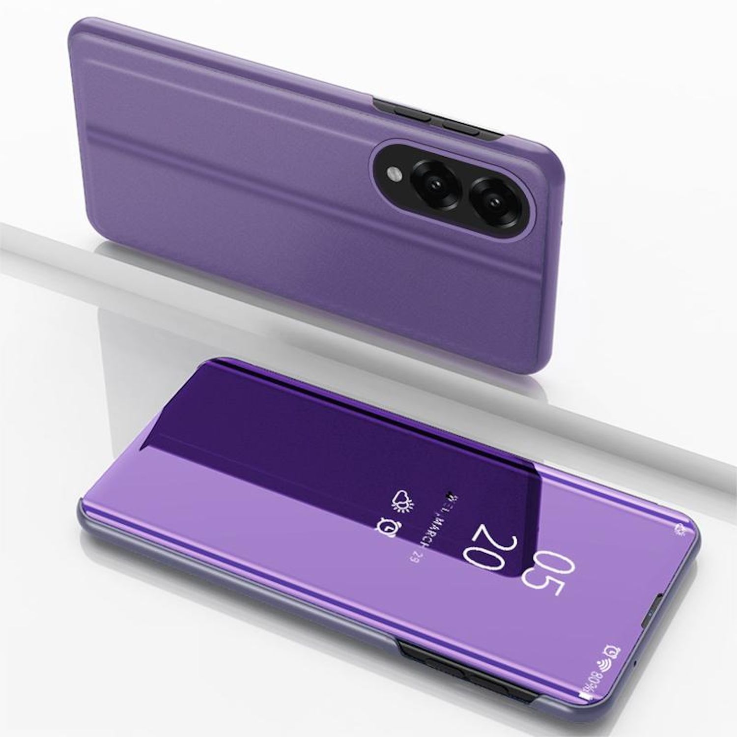 Lila Handyhülle mit Handy. Andere Hülle wird oben gezeigt. Weiße Oberfläche.