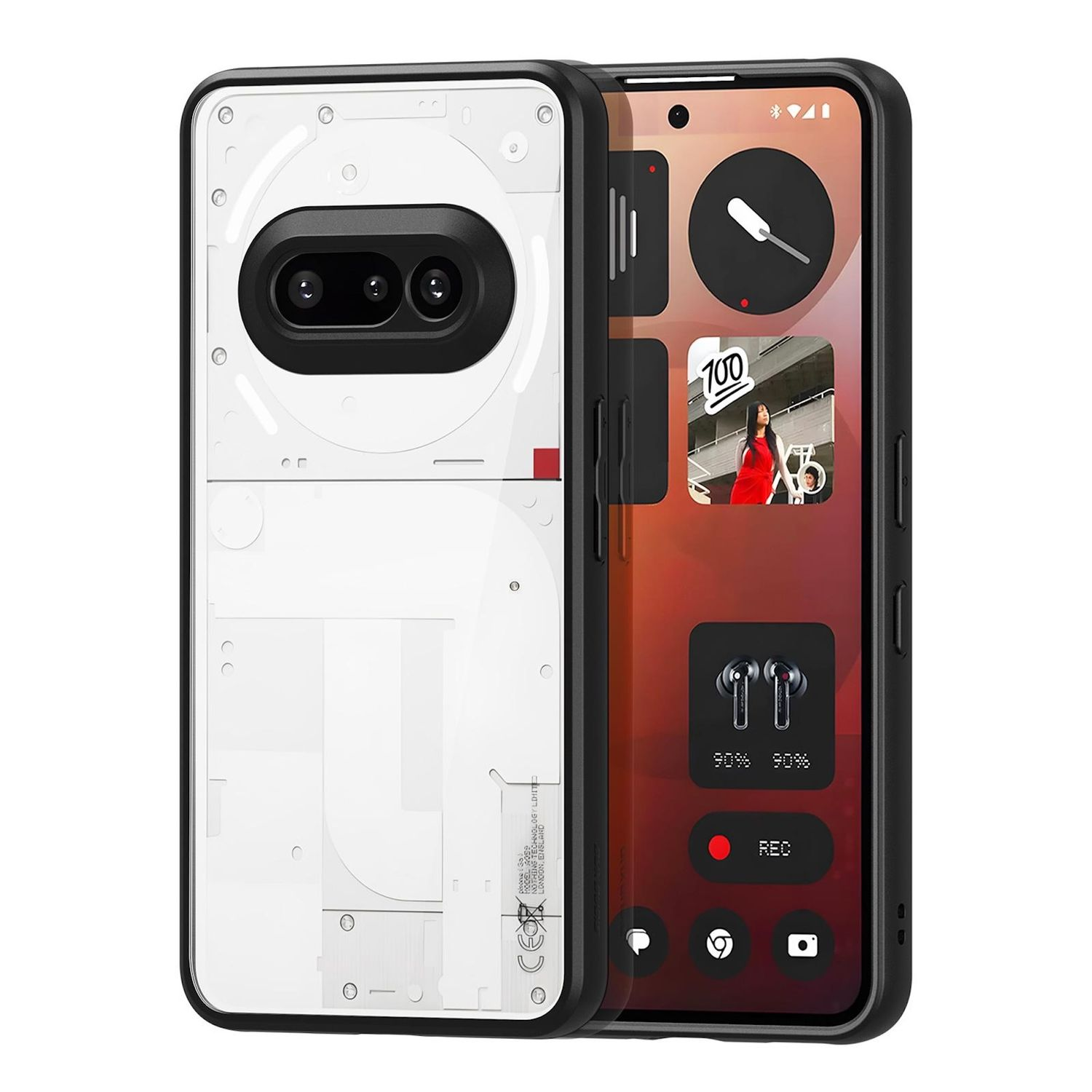 Schwarze Smartphone-Hülle mit weißer Rückseite. Zwei Kameras. Telefonbildschirm zeigt Oberfläche. Weißer Hintergrund. Modernes Design.