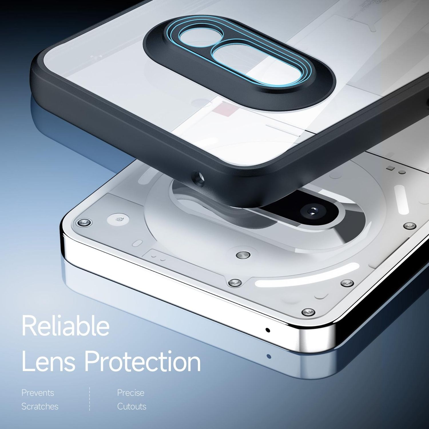 Transparente Handyhülle mit schwarzem Rahmen. Die Hülle liegt über einem Telefon. Text: Zuverlässiger Linsenschutz.