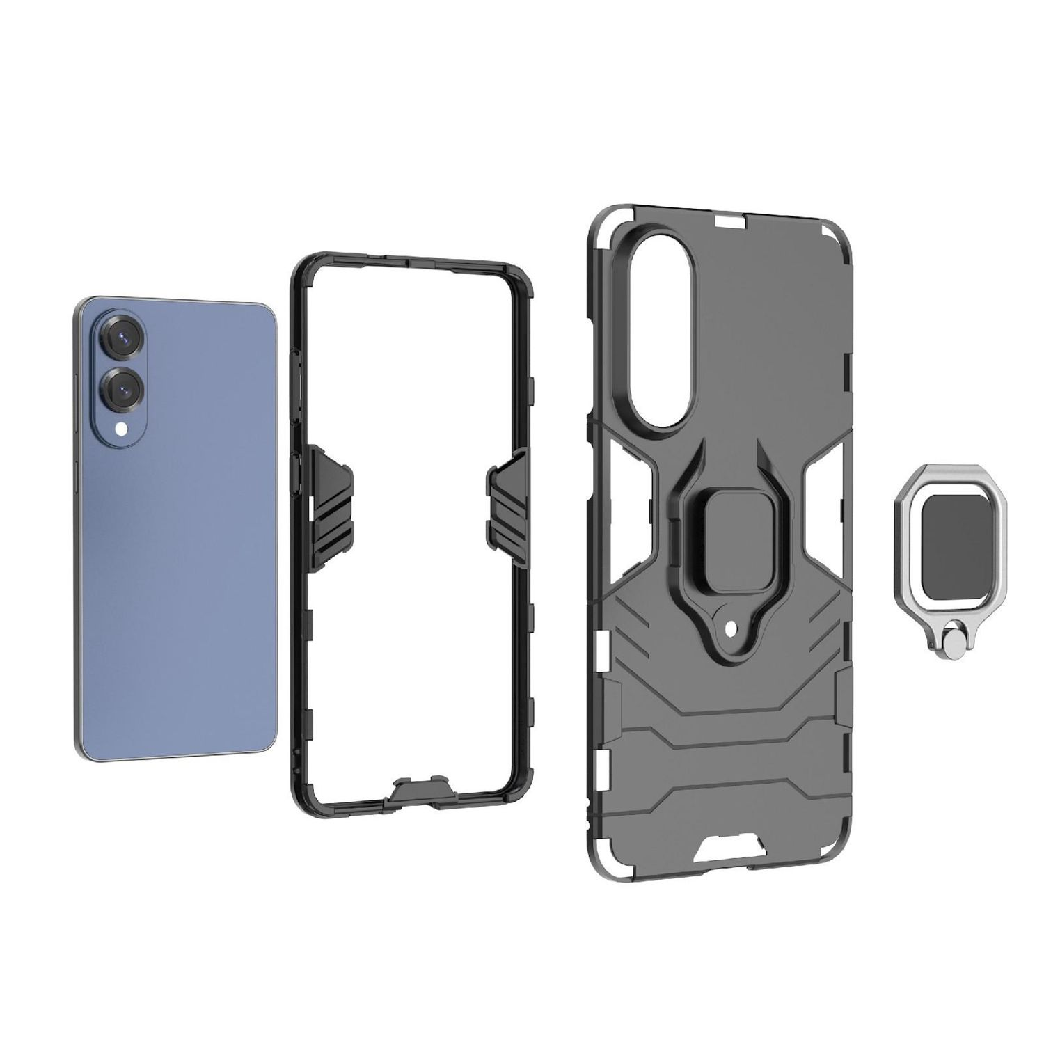 Handyhülle mit Telefon und abnehmbarem Ring. Hülle ist grau mit schwarzen Akzenten, Telefon ist blau.