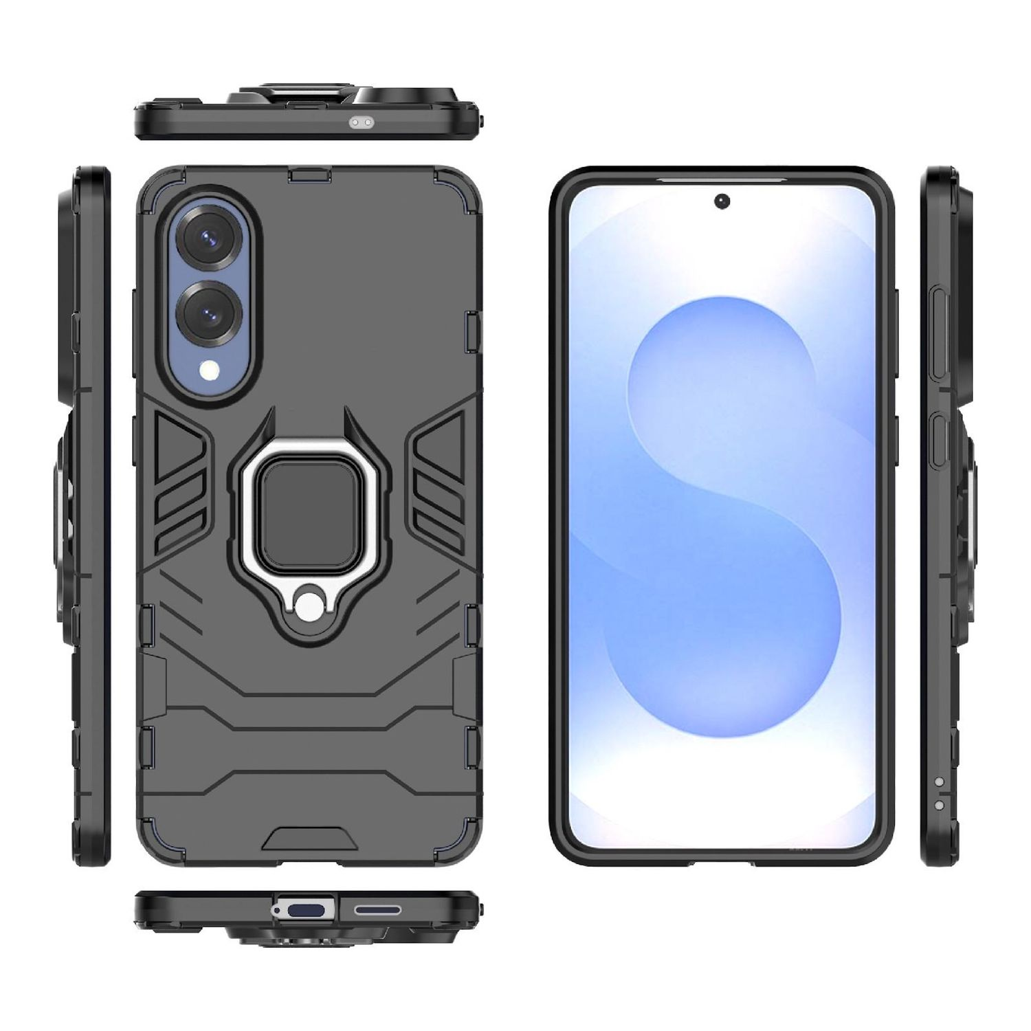 Handyhülle mit Telefon. Schwarzes, robustes Design. Mehrere Winkel gezeigt.