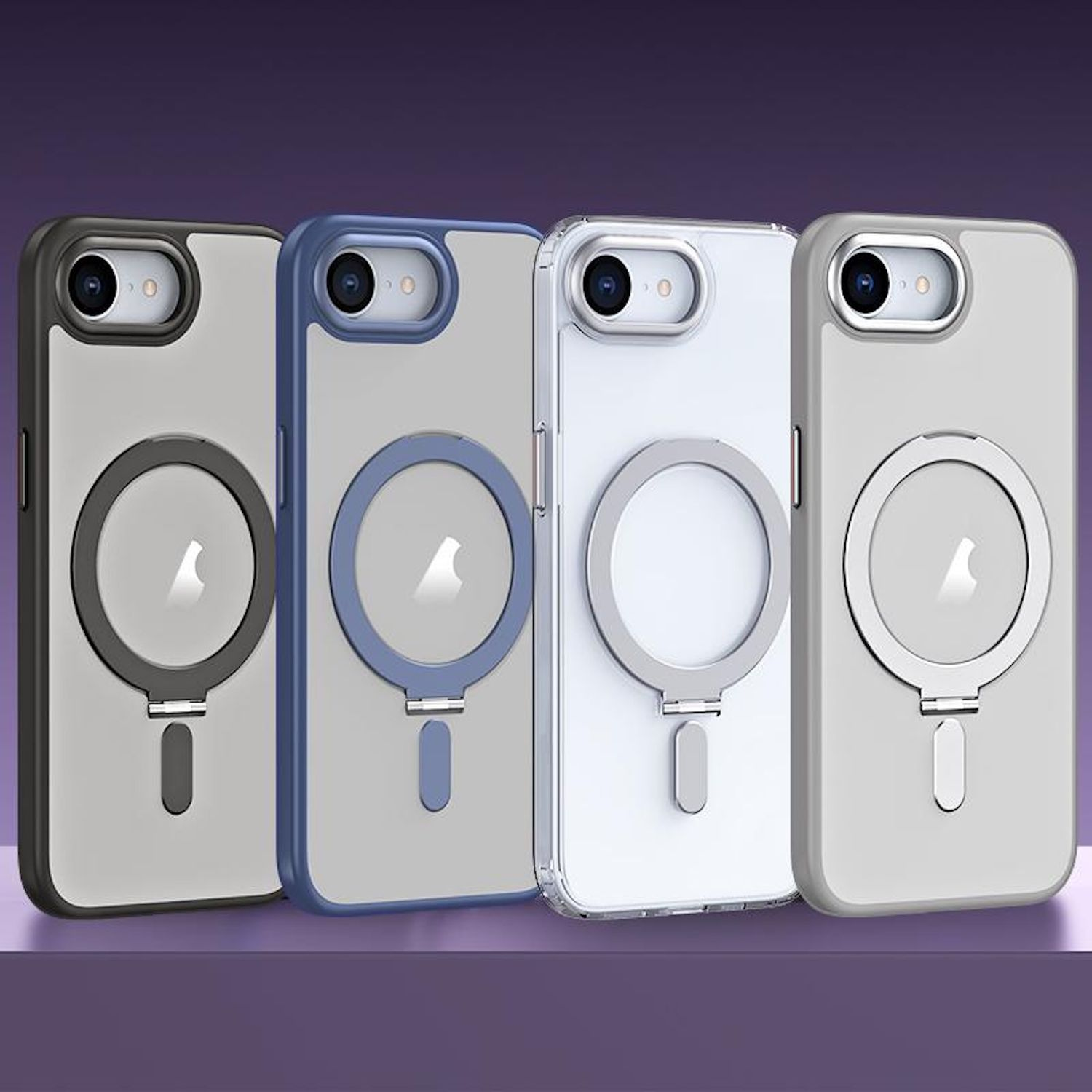Vier Handyhüllen. Farben: grau, blau, klar, grau. Apple-Logo, kreisförmiger Ring, Kameraausschnitt.