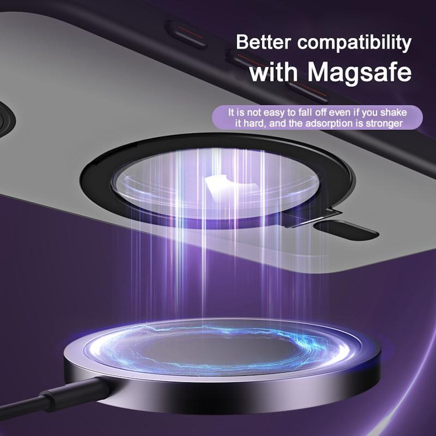 Eine Handyhülle mit Magsafe-Kompatibilität. Ein kreisförmiges Ladepad ist sichtbar.