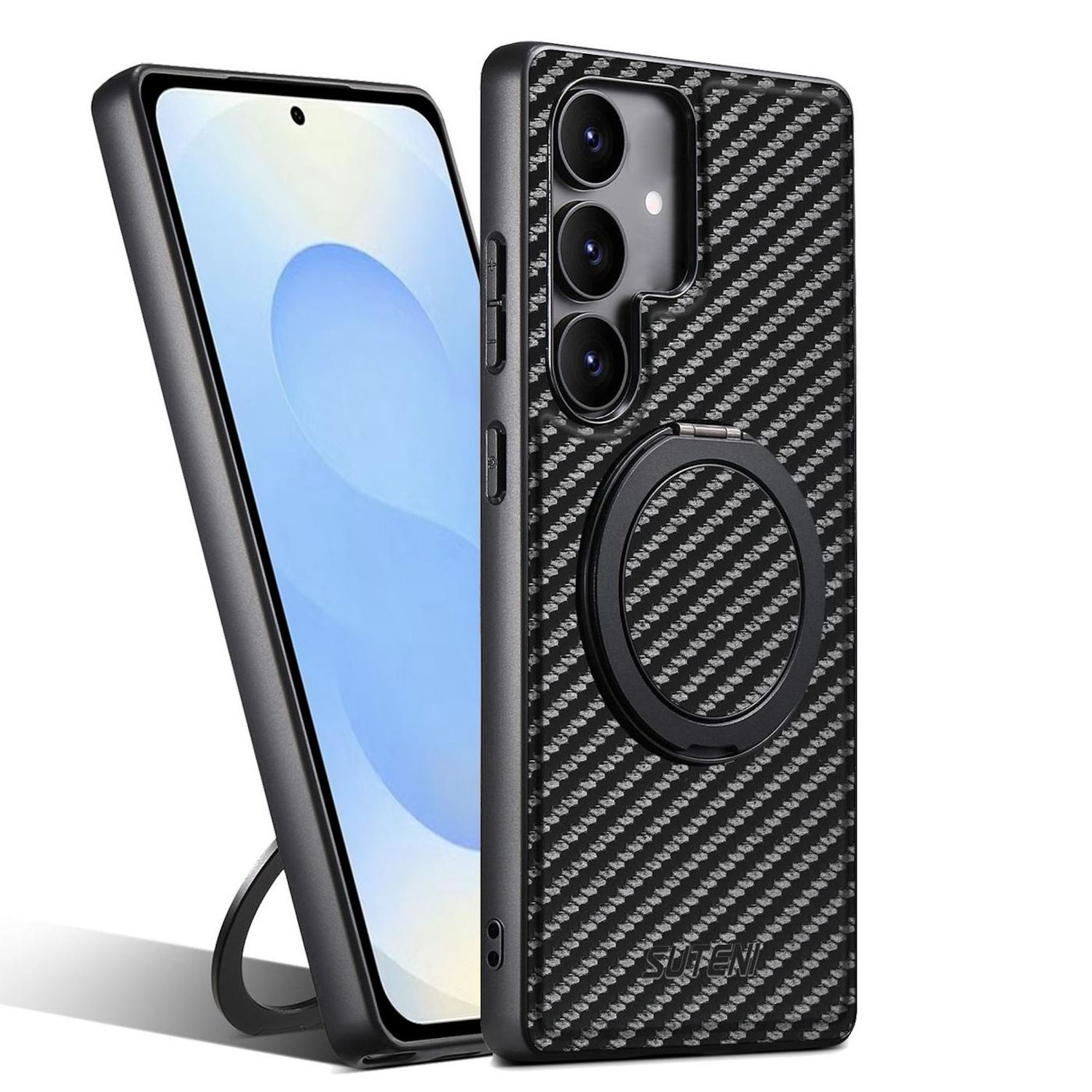 Funda negra para teléfono con soporte de anillo y cubierta trasera. El teléfono tiene tres cámaras.