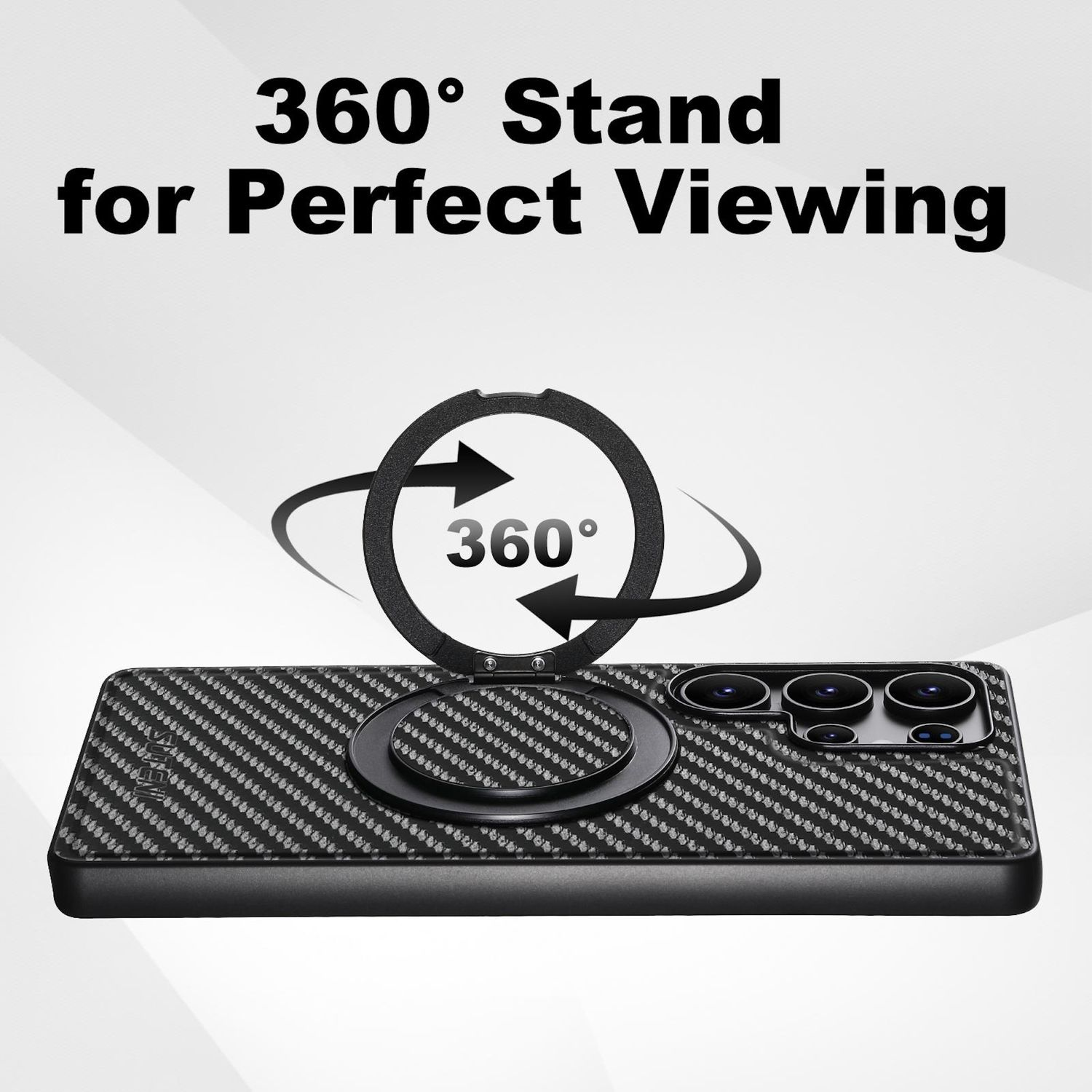 Schwarze Handyhülle mit 360°-Ständer und dem Text '360° Stand for Perfect Viewing'.