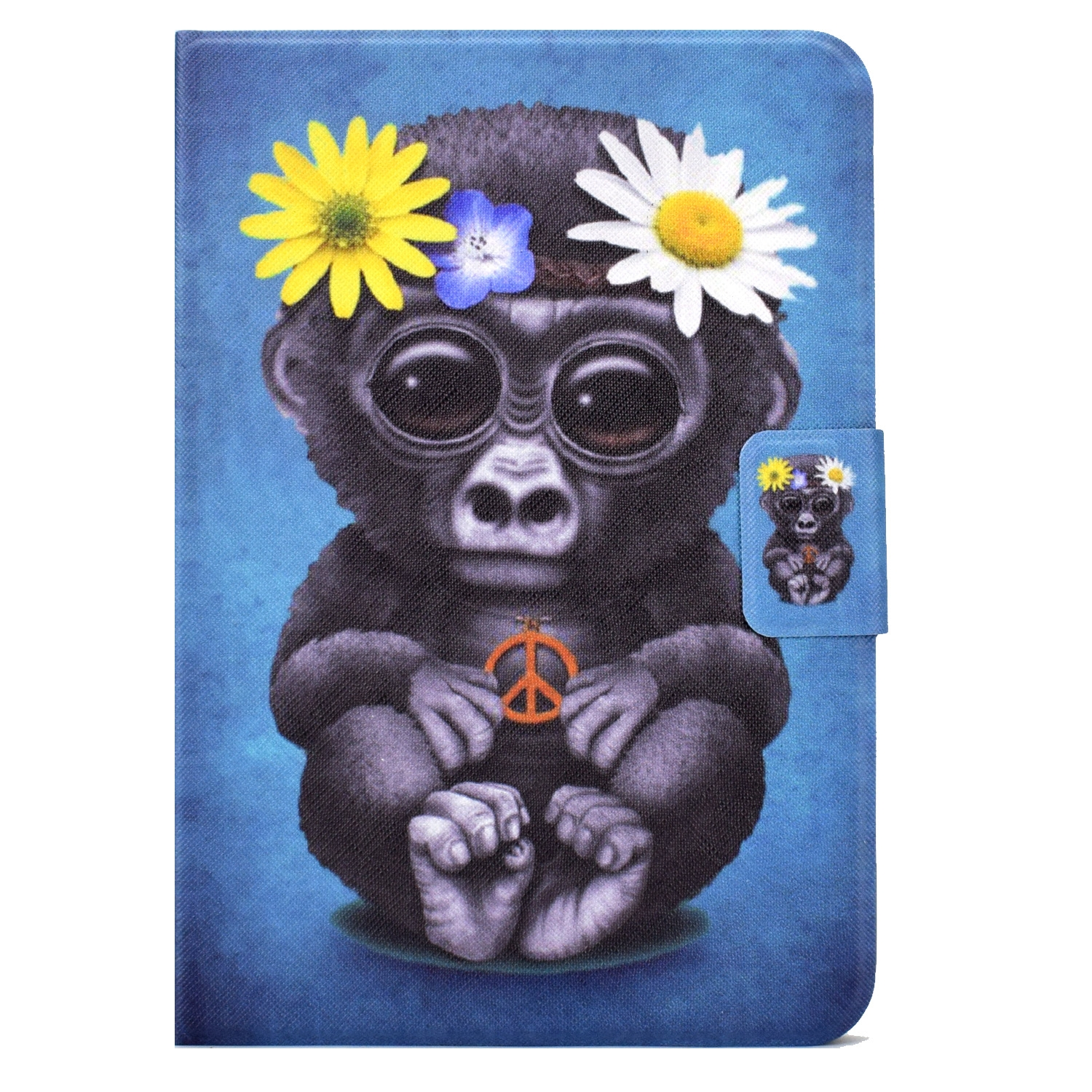 Funda de tableta con un mono lindo con flores, un signo de la paz y un fondo azul.