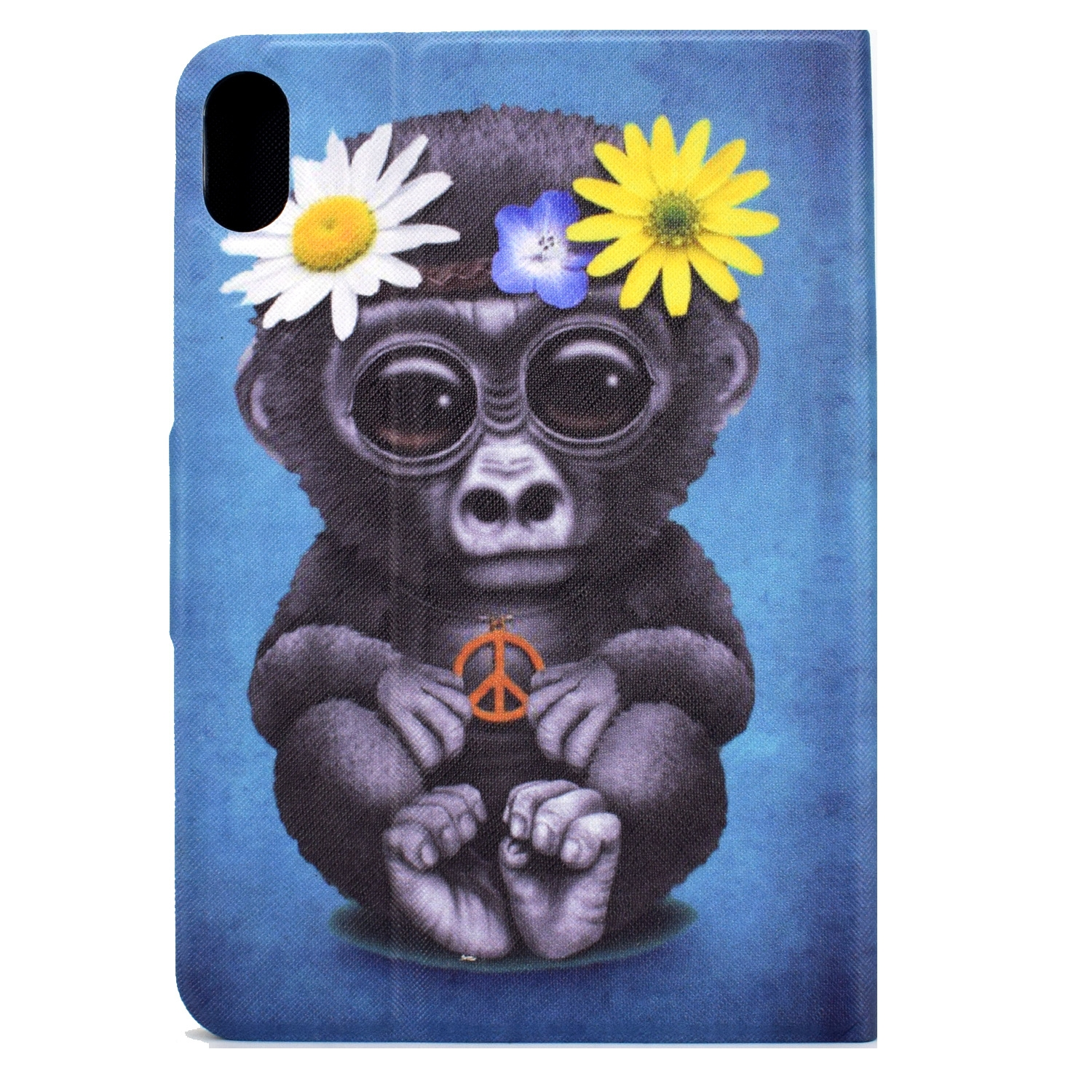 Gorila con corona de flores sosteniendo un signo de paz en una funda de tableta.