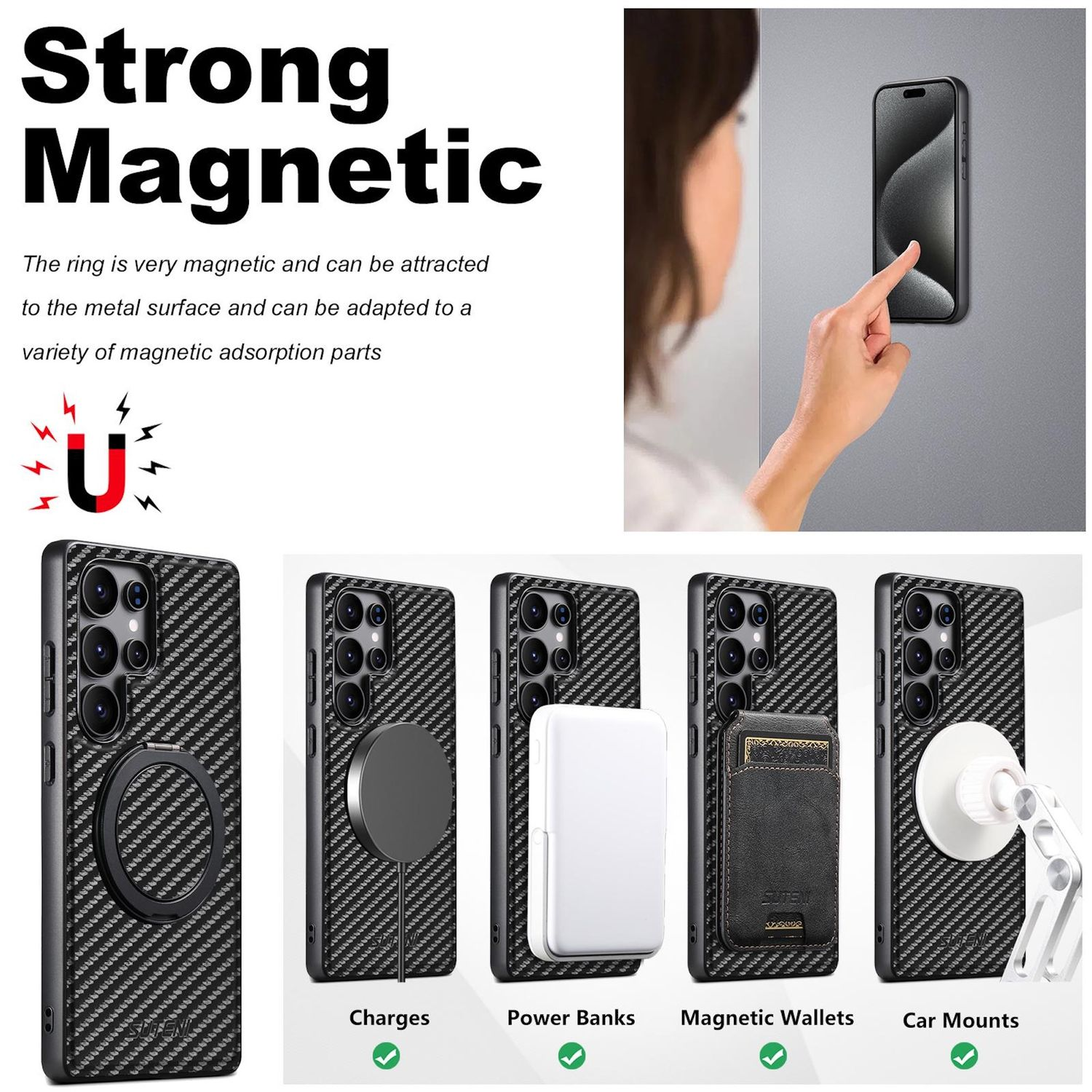 Eine Handyhülle mit Kohlefaser-Design und magnetischen Aufsätzen. Verschiedenes Zubehör wird gezeigt.