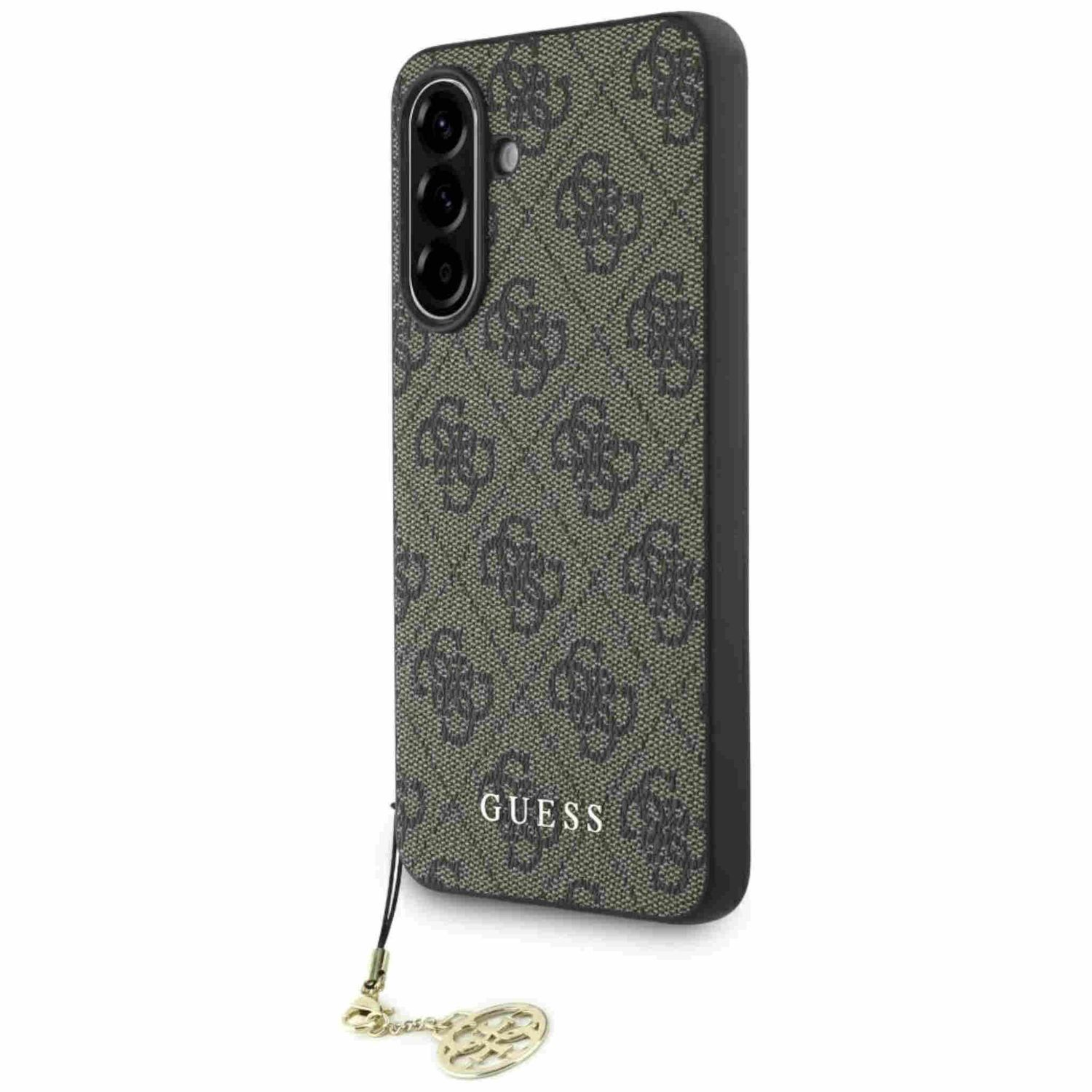 Etui na telefon z wzorem i zawieszką. Etui jest zielone i czarne z widocznym logo 'Guess'.