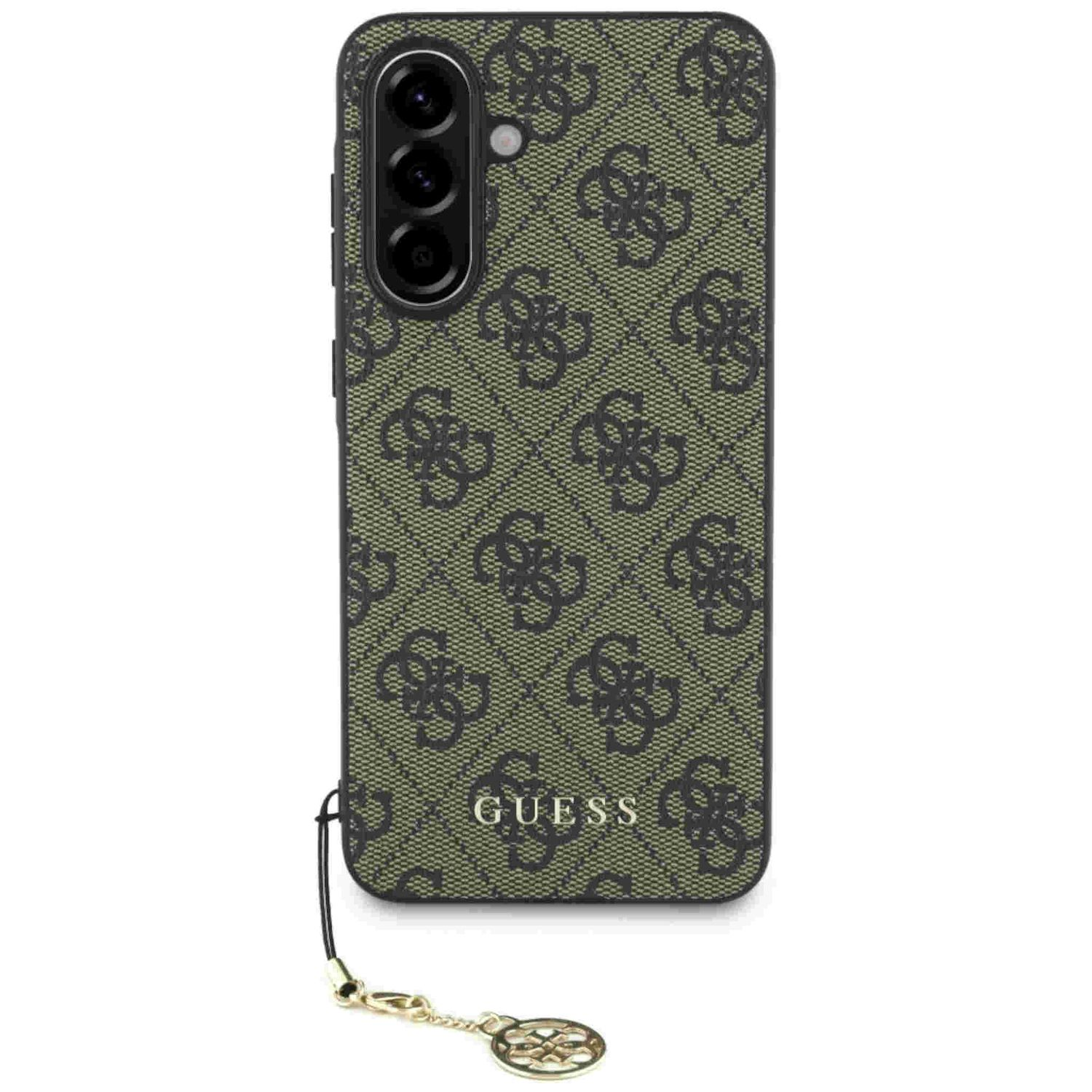 Etui na telefon z zielono-czarnym wzorem Guess. Ze spodu wisi złoty charm.