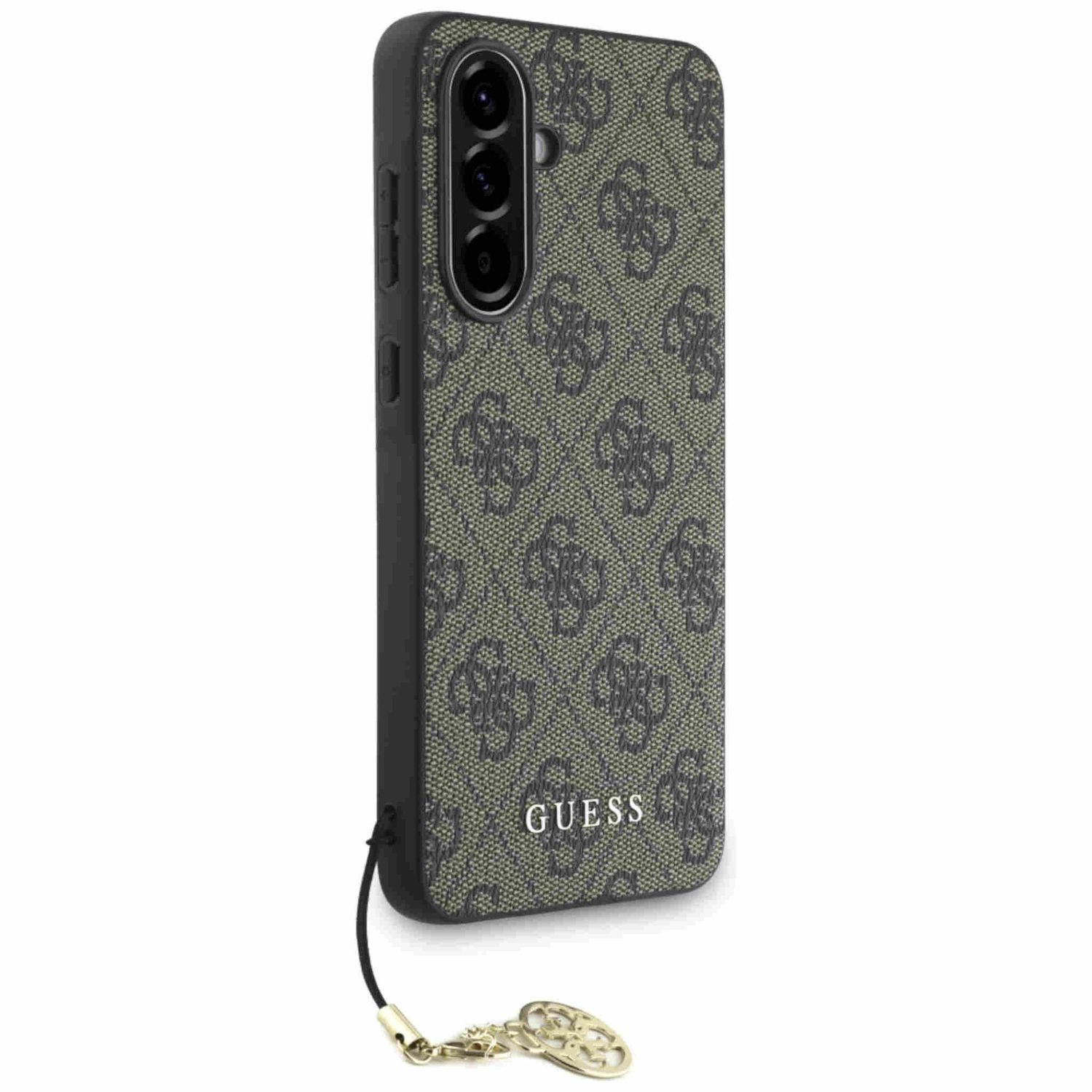 Wzorzyste etui na telefon z logo Guess i przymocowanym czarnym paskiem. Posiada wybrzuszenie na aparat.