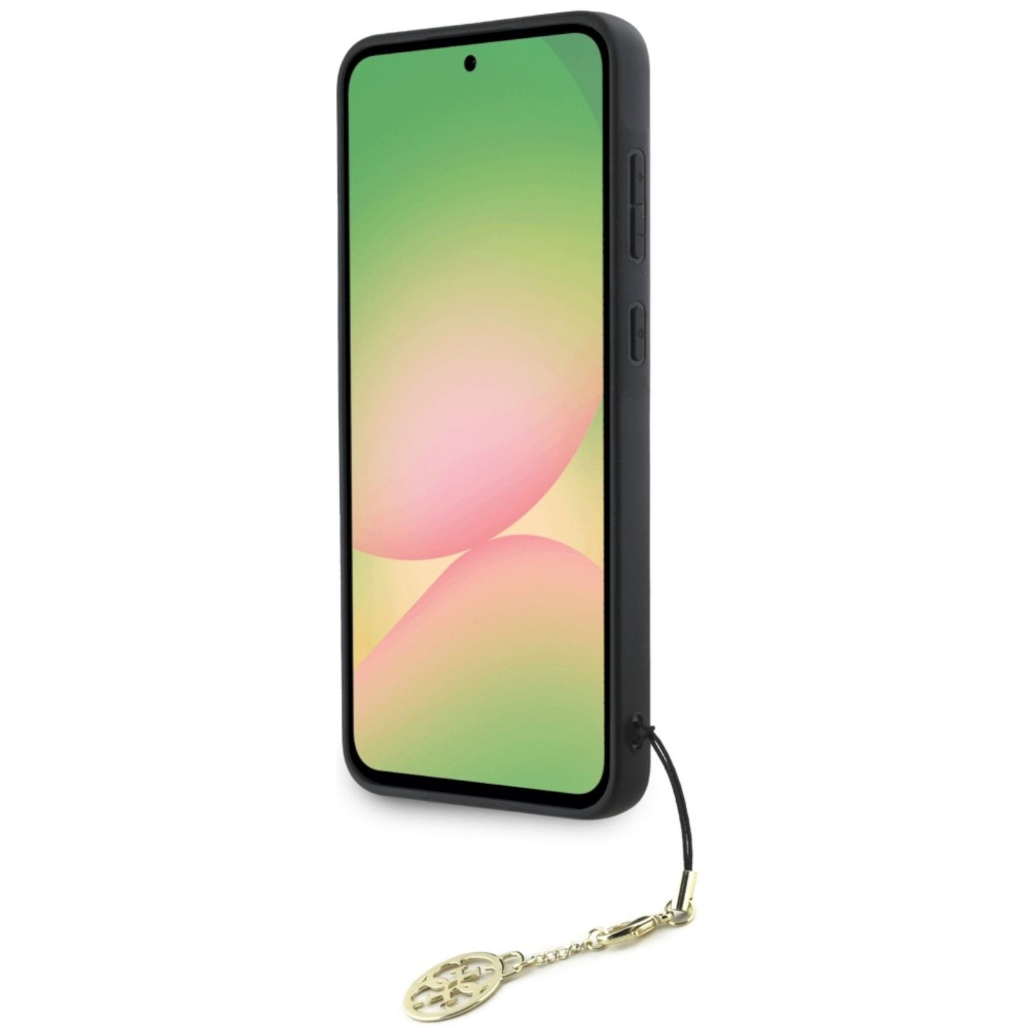 Czarny smartfon w etui z zawieszką. Ekran wyświetla kolorowe tło.