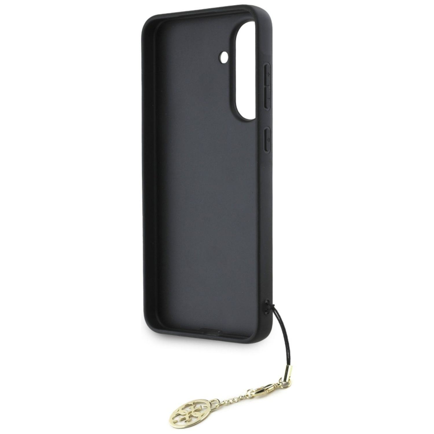 Czarne etui na telefon ze złotą zawieszką z logo Guess i czarną smyczą.