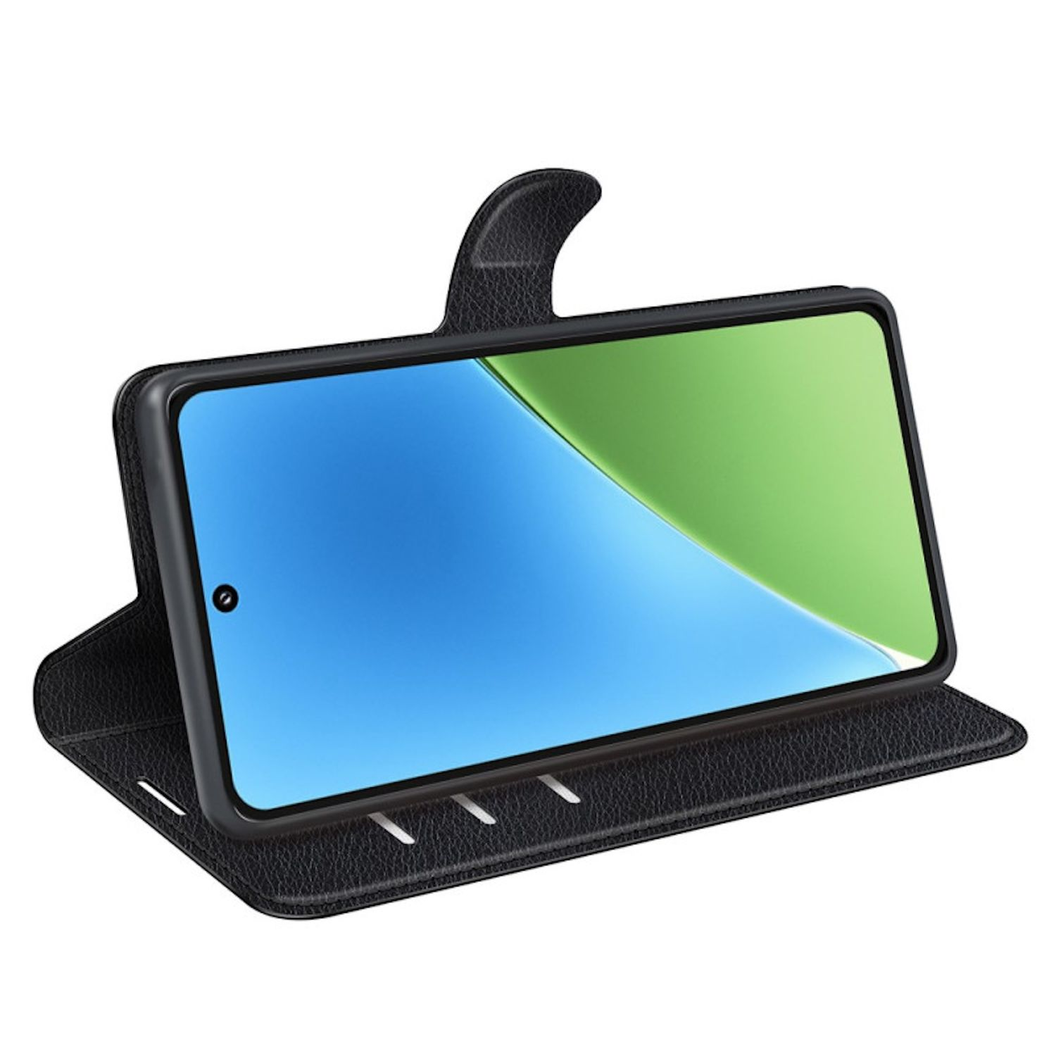 Eine schwarze Handyhülle mit einem Telefon darin, die geöffnet ist, um den Bildschirm anzuzeigen.