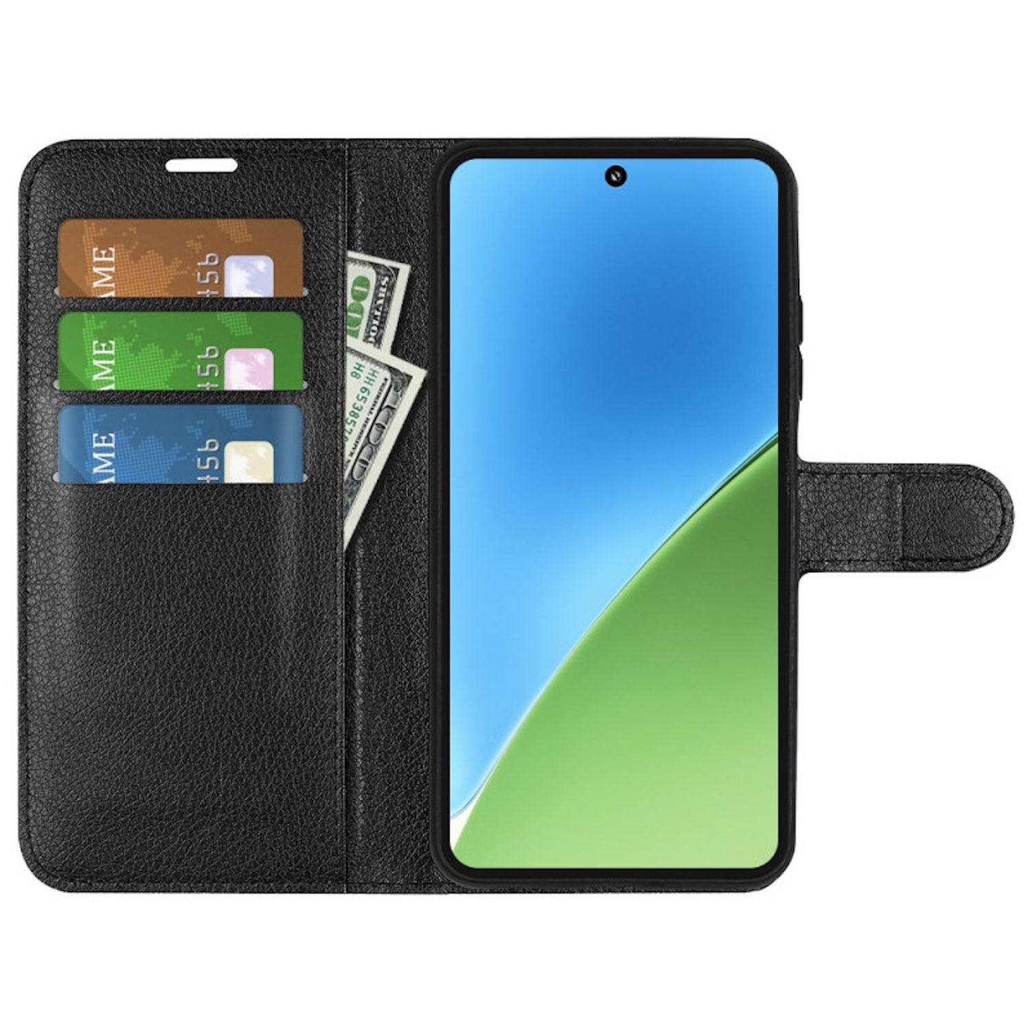 Schwarze Handyhülle mit Telefon, Kreditkarten und Bargeld. Der Hintergrund ist weiß.