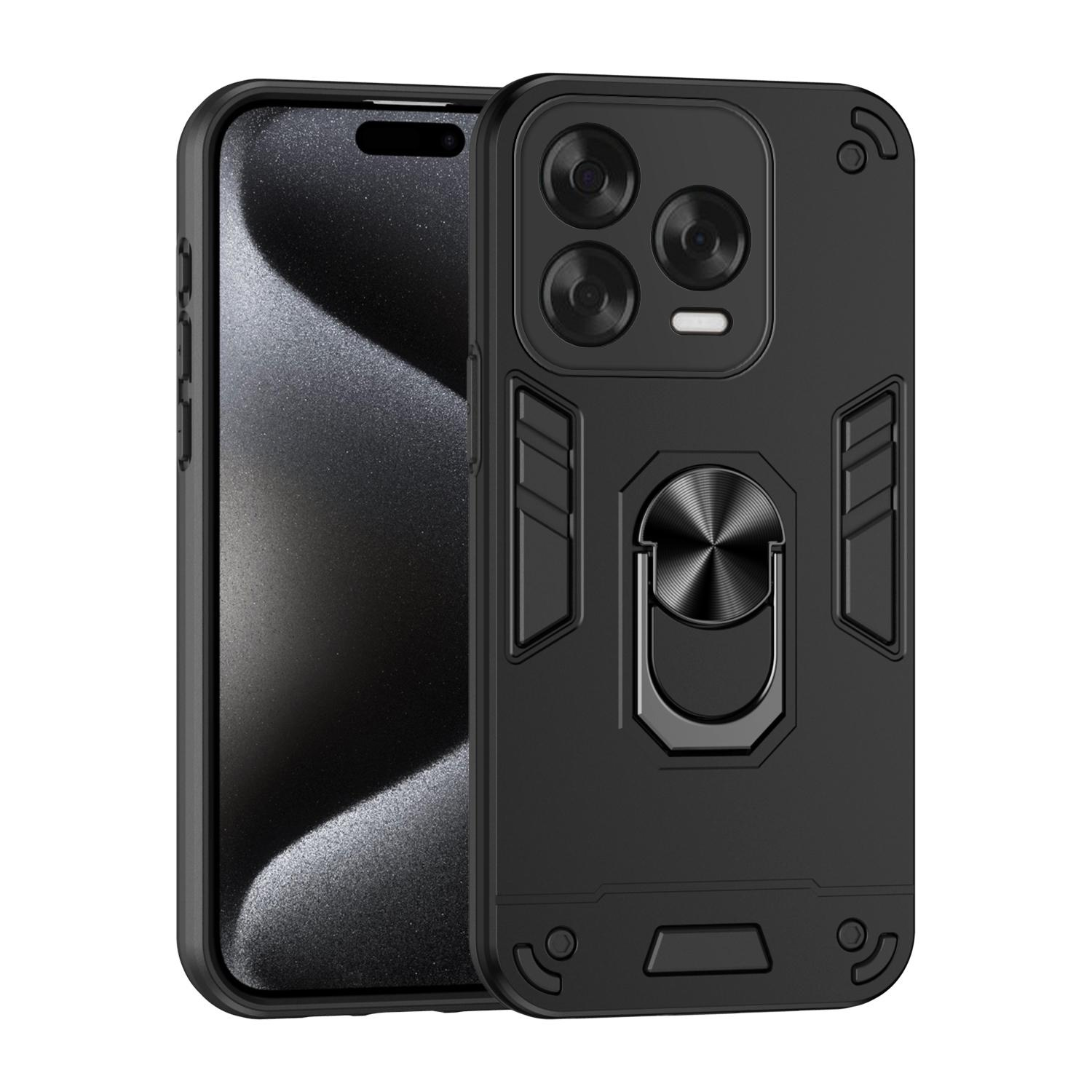 Schwarzes Smartphone mit Schutzhülle. Die Hülle hat einen Ringhalter und Kameraausschnitte. Weißer Hintergrund.