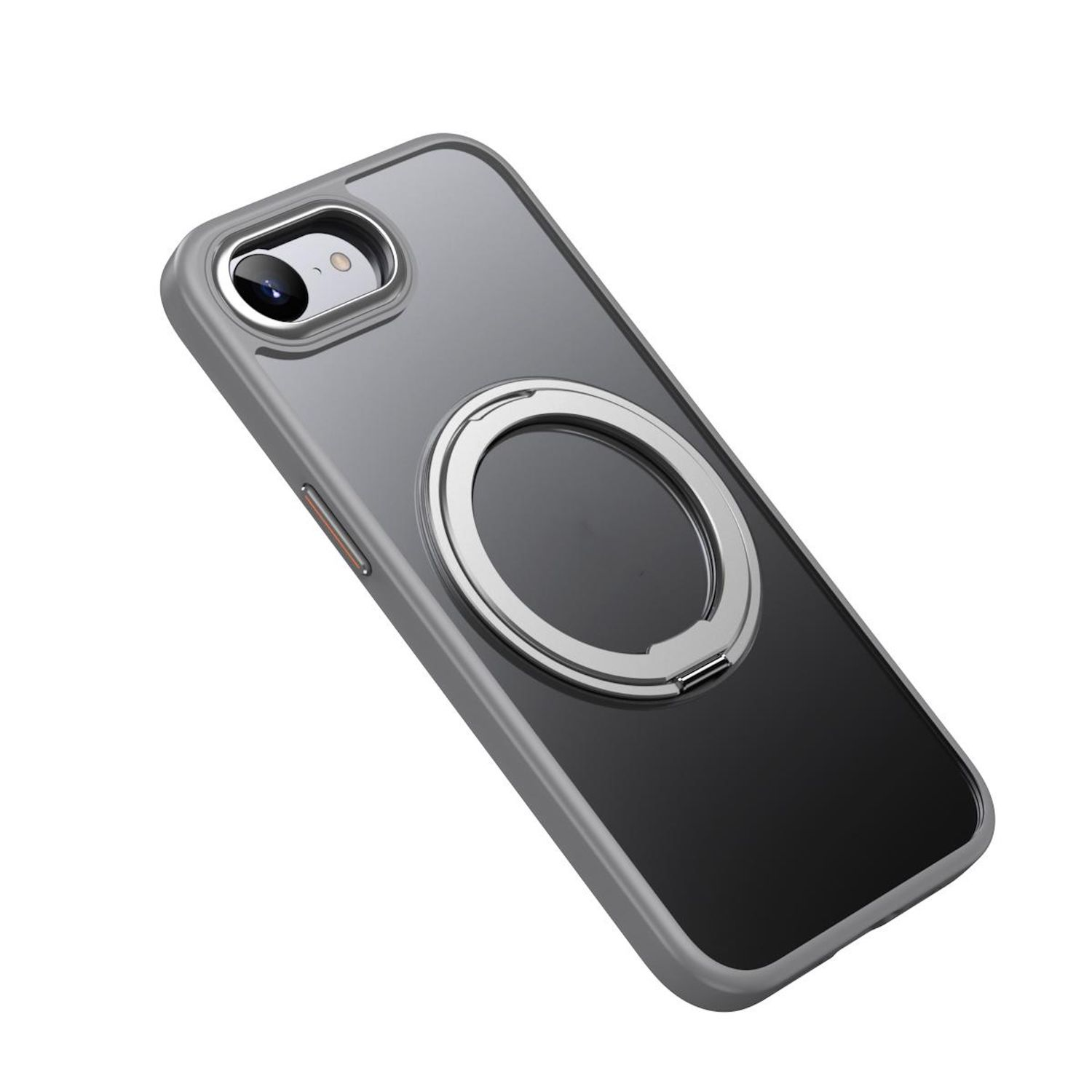 Ein Telefon mit einer durchsichtigen Rückseite und einem Ringhalter. Das Telefon ist grau und hat einen silbernen Ring.