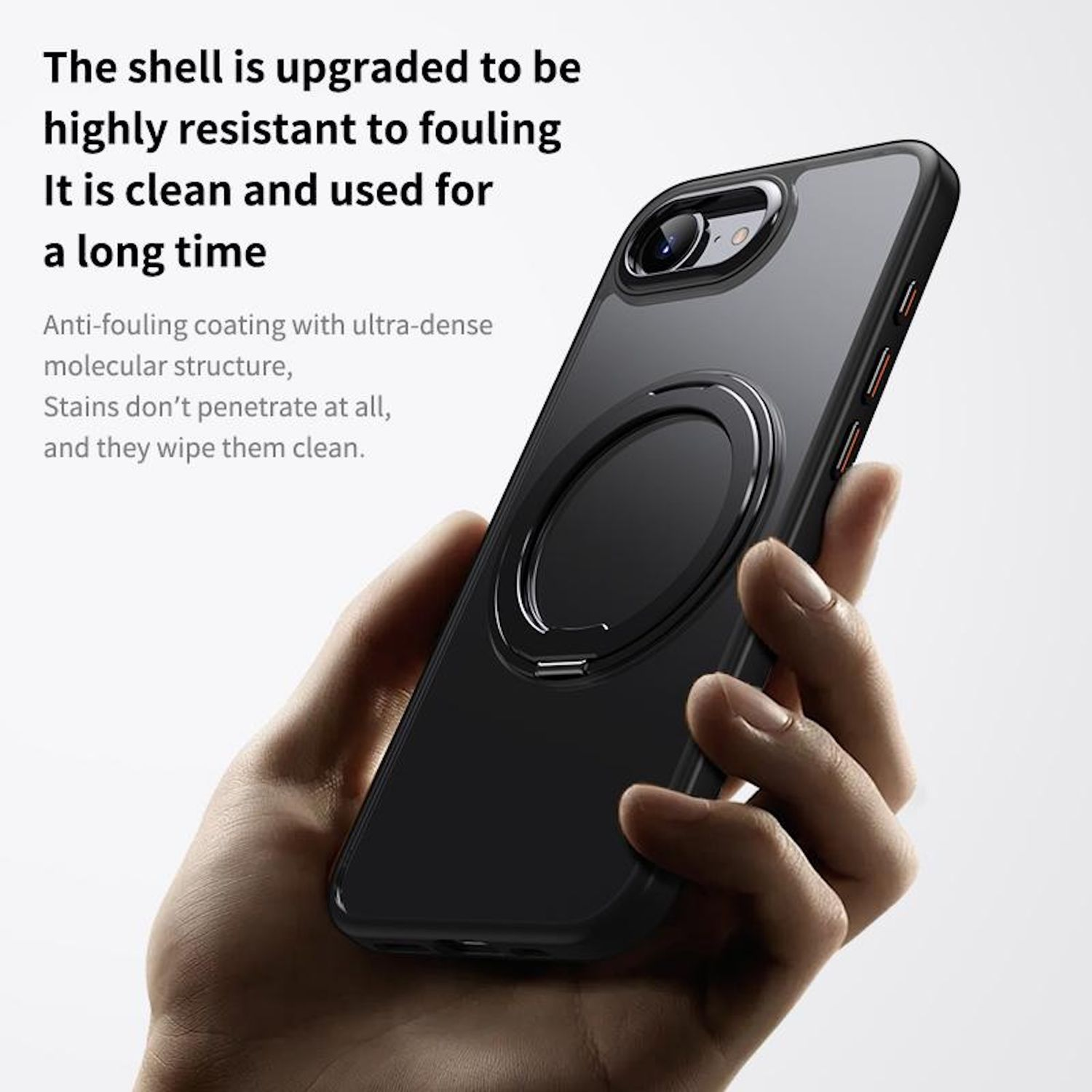 Funda de teléfono negra en mano, soporte de anillo negro. Texto: resistente.