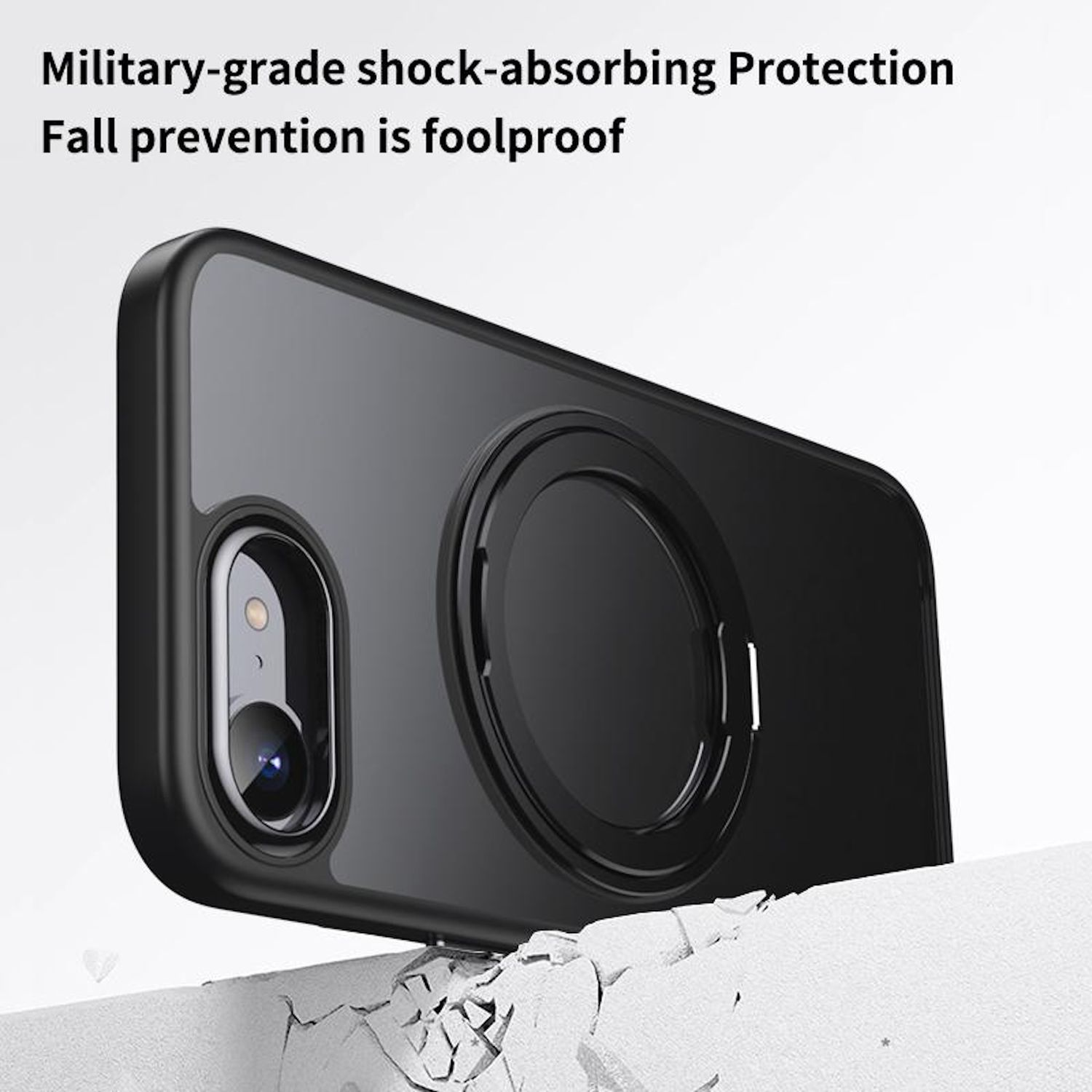 Funda de teléfono negra con cámara y un círculo negro, con una superficie blanca para una prueba de choque.