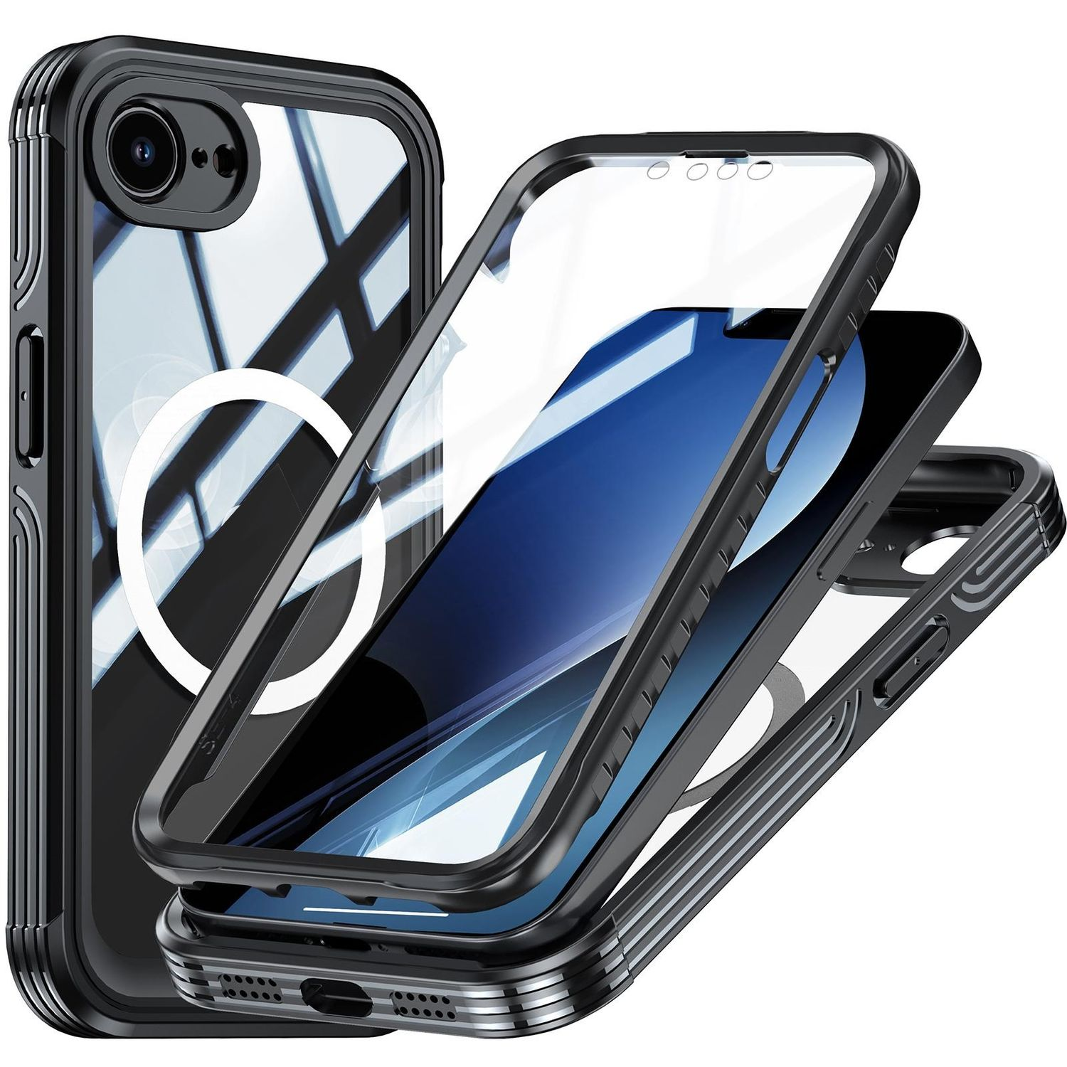 Eine schwarze Handyhülle mit transparenter Vorder- und Rückseite, mit dem Telefon darin.
