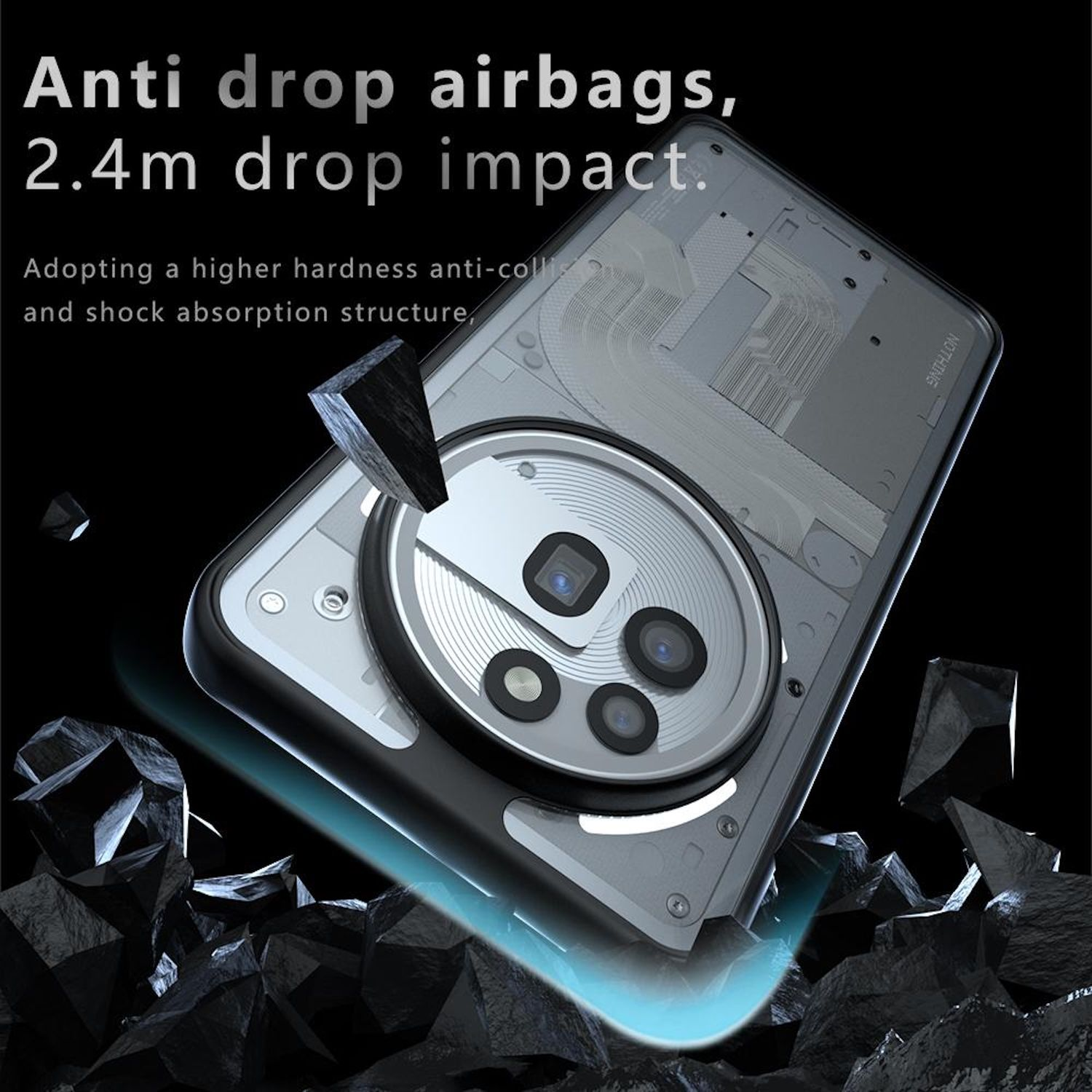 Eine Handyhülle mit Anti-Drop-Airbag-Design und durchsichtigem Rücken, umgeben von dunklen Steinen.