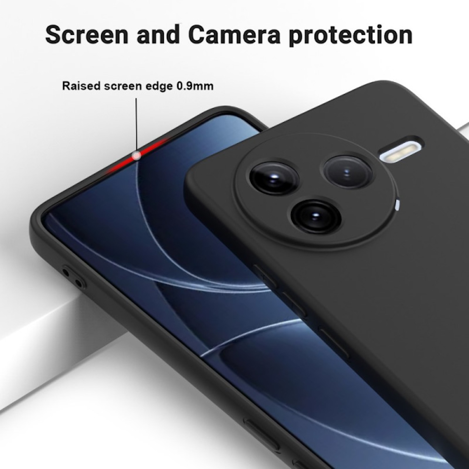 Nahaufnahme einer schwarzen Handyhülle, die ein Telefon schützt. Kante mit „Raised screen edge 0,9 mm“ beschriftet.