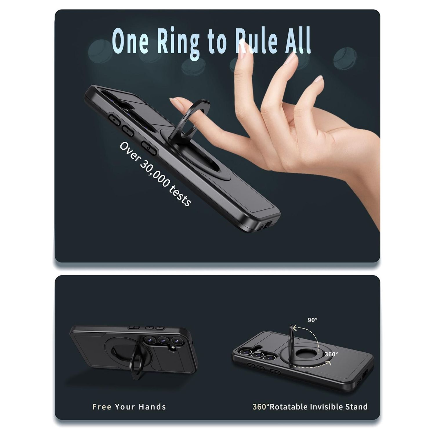 Schwarze Handyhülle mit Ringhalter. Hand hält das Telefon. Text: One Ring to Rule All, Over 30.000 Tests.