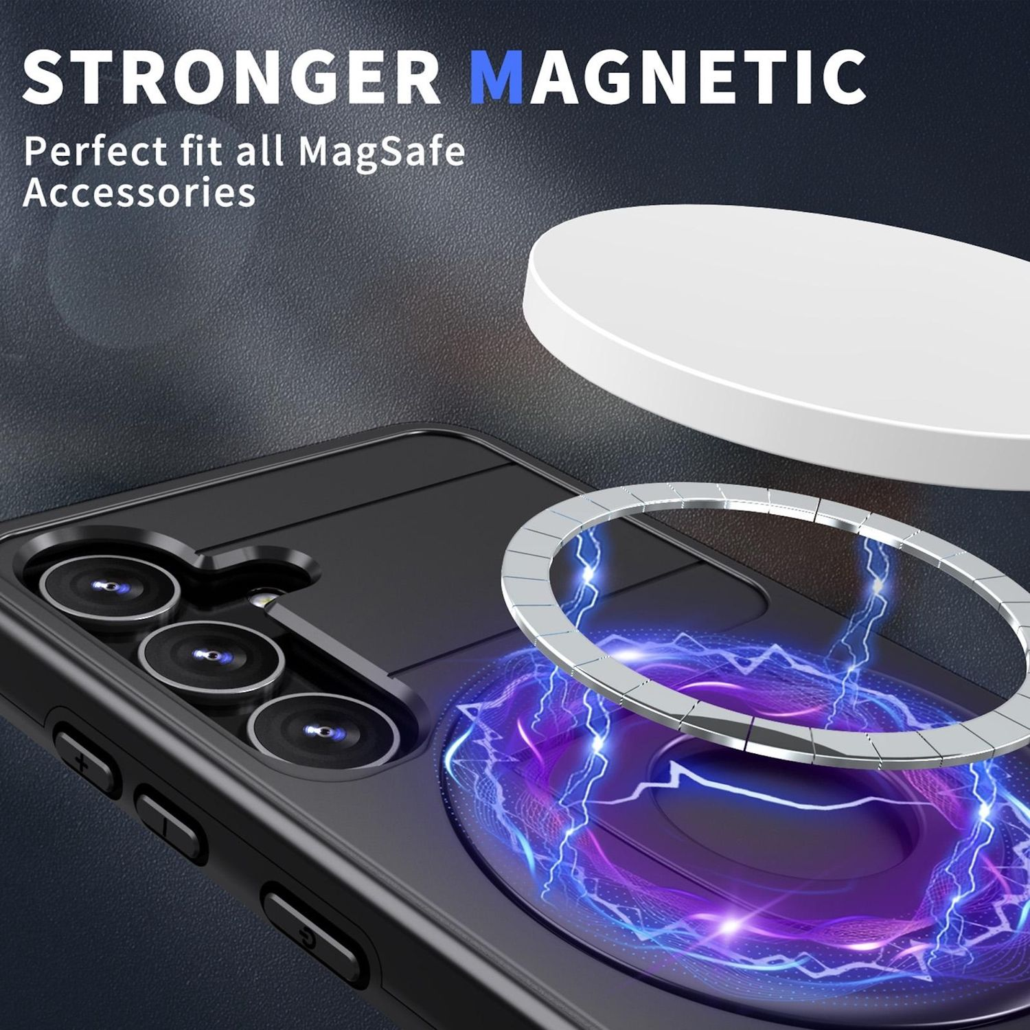 Eine schwarze Handyhülle mit silbernem Kreis, mit Magnetring am Telefon und weißem Zubehör.