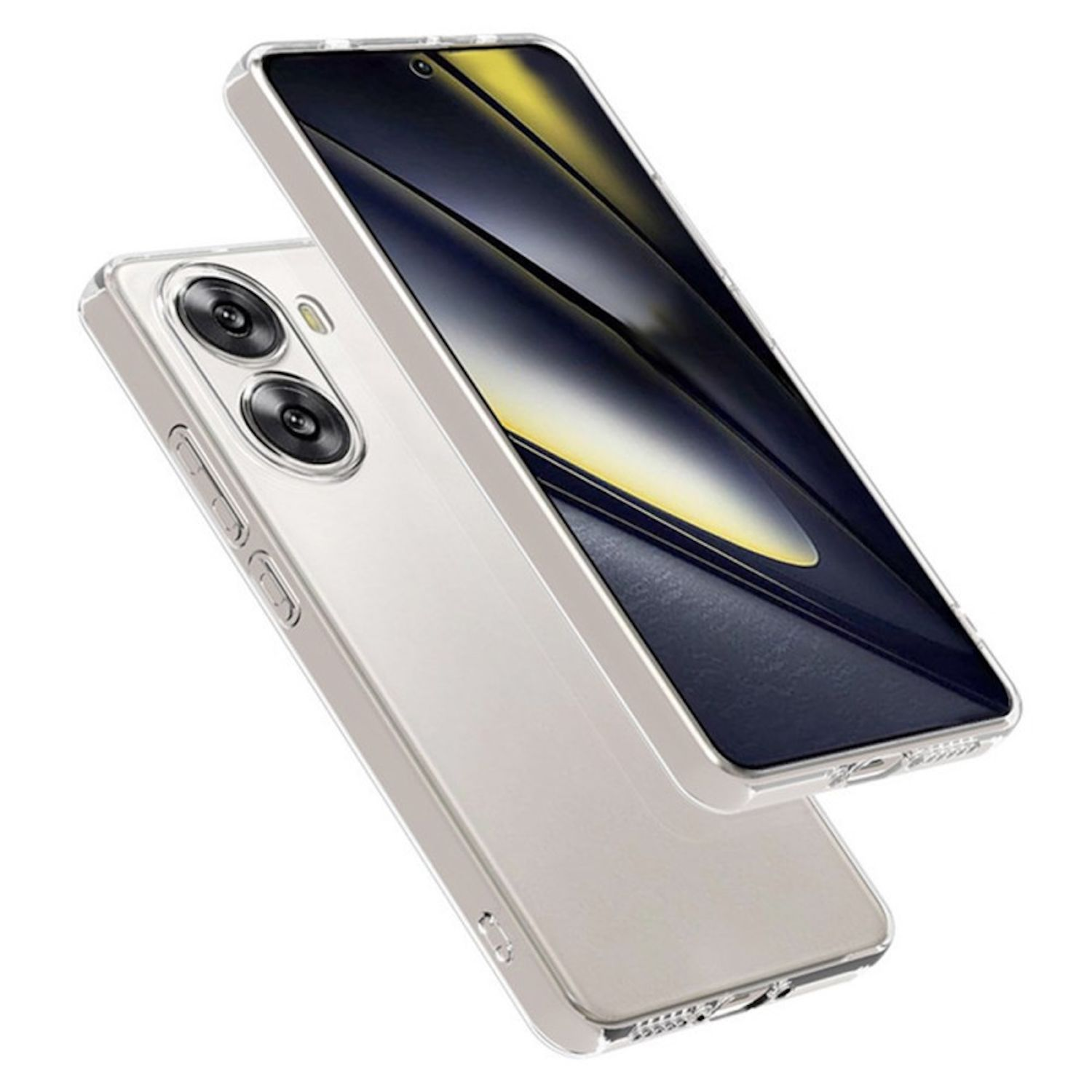 Smartphone y funda transparente, mostrando un diseño elegante. El teléfono tiene una configuración de cámara de doble lente.