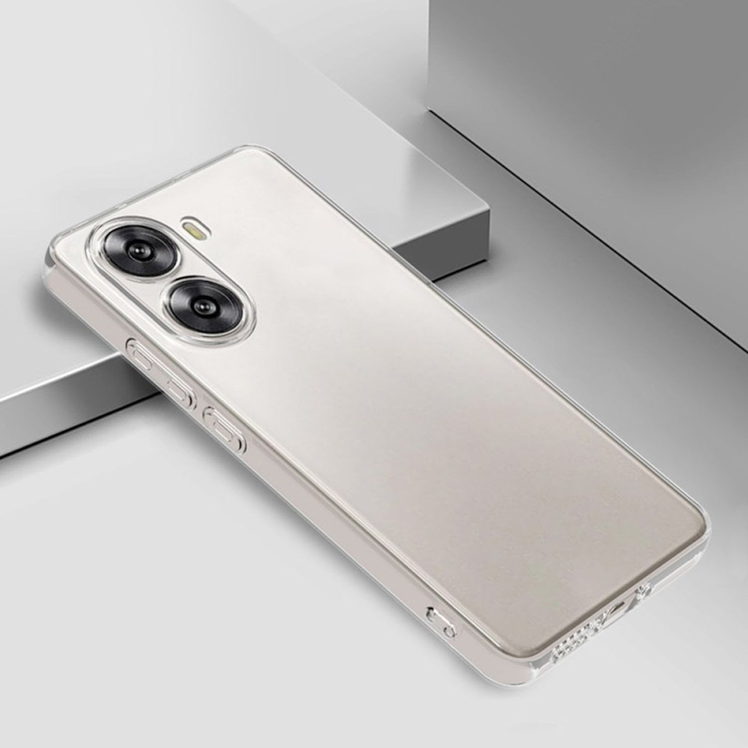 Funda transparente para teléfono en una superficie clara. Tiene dos lentes de cámara. Cubre la parte trasera.