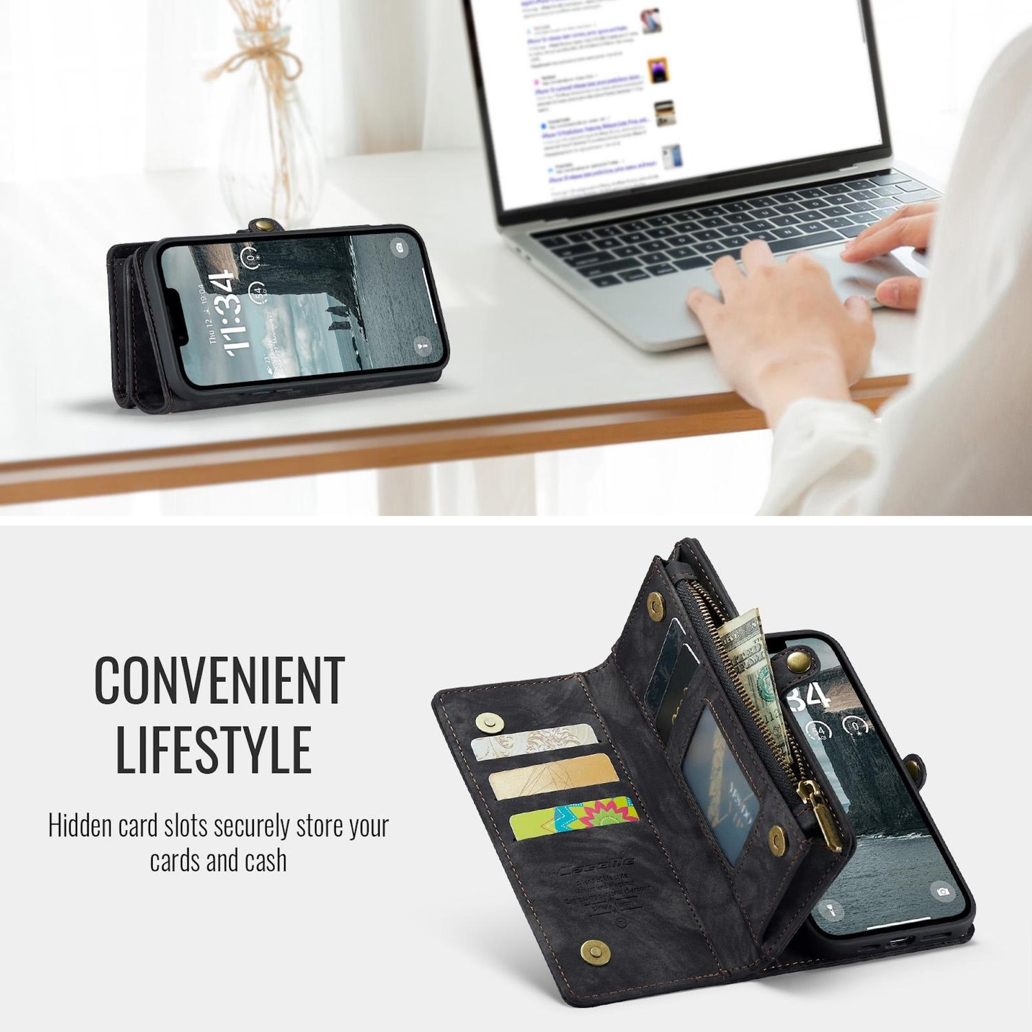 Schwarzes Telefon-Brieftaschen-Etui mit Telefon und Kartenfächern, auf einem Schreibtisch mit Laptop.