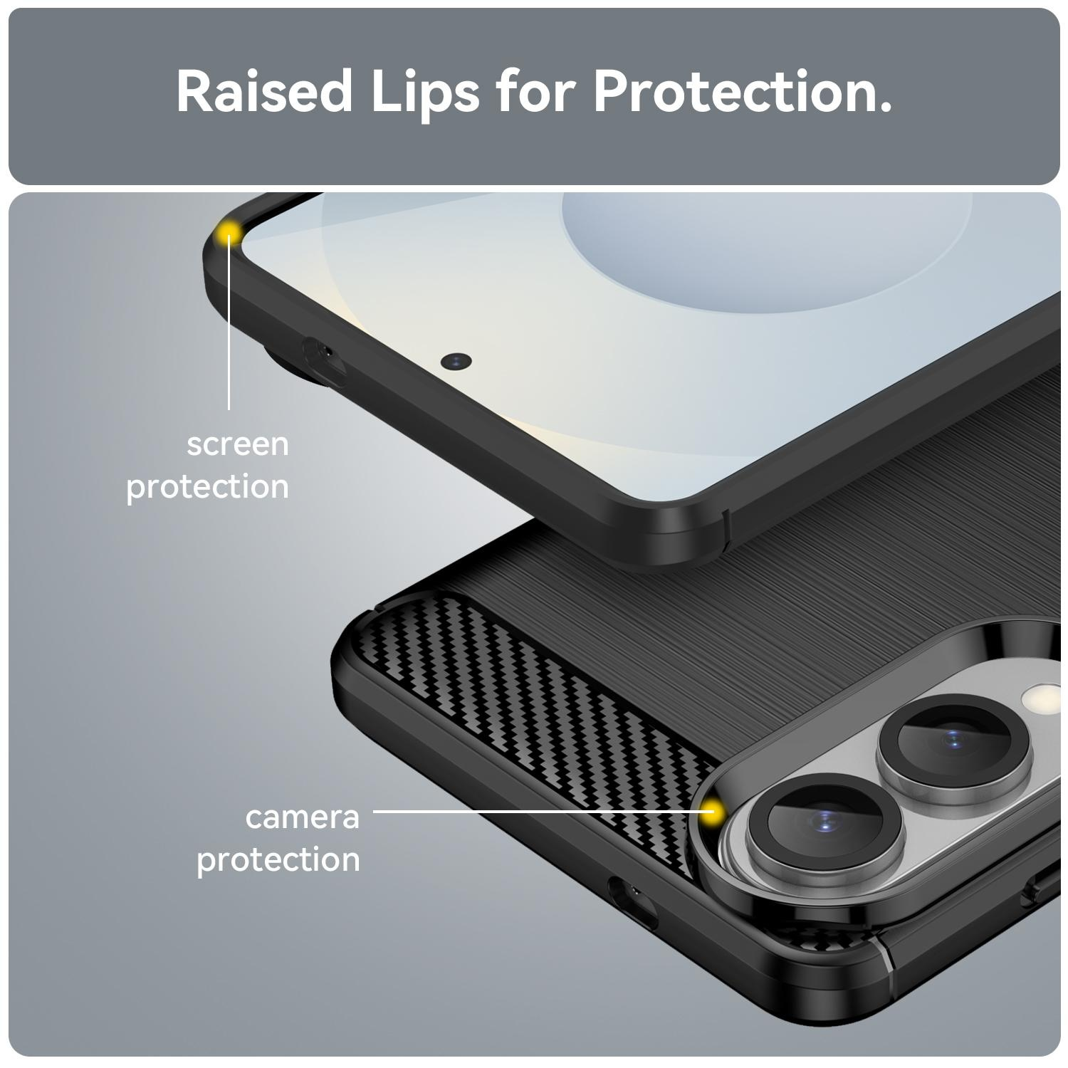 Primer plano de la funda del teléfono: exterior negro, con detalles sobre la protección de la cámara y la pantalla.