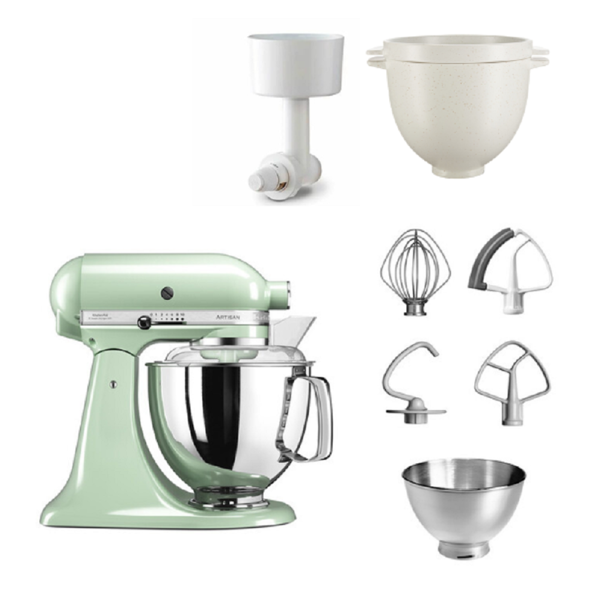 KitchenAid Küchenmaschine mit Zubehör. Grüner Mixer, silberne Schüssel und verschiedene Werkzeuge.