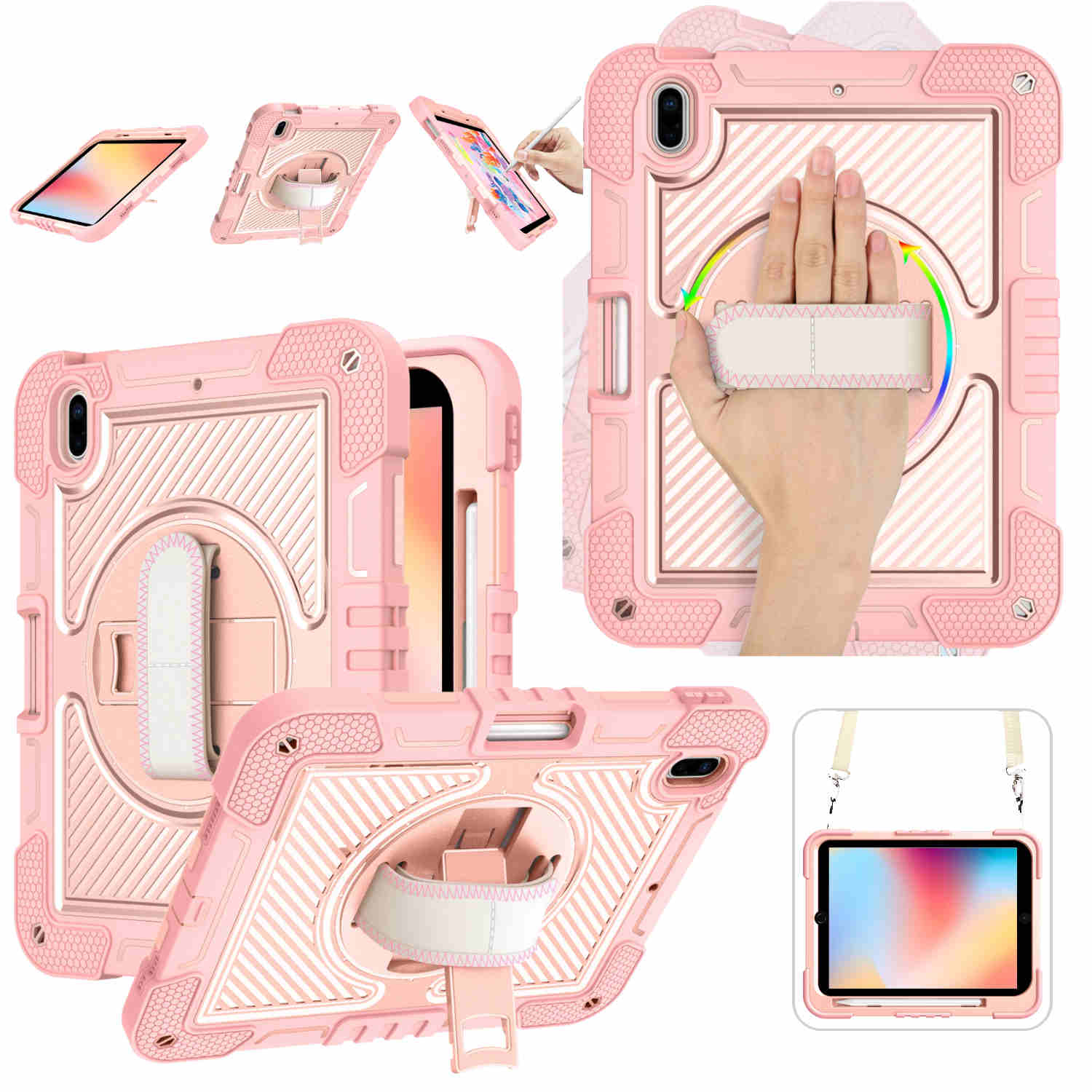 Rosa Tablethülle mit mehreren Ansichten. Die Hülle hat eine Handschlaufe und eine Standfunktion, mit einem Schutzdesign.